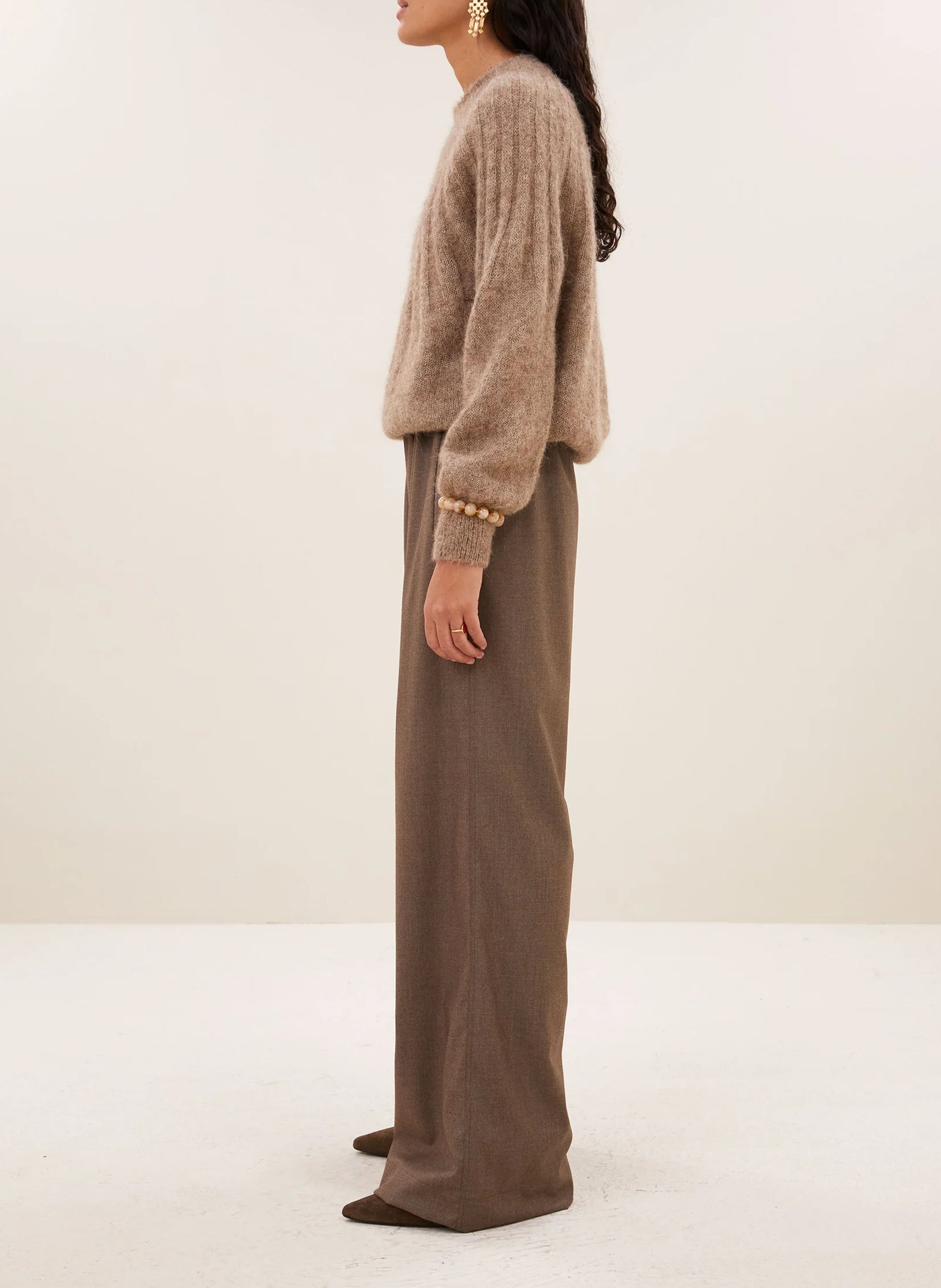 Pantalon large uni taille haute BY BAR Marron