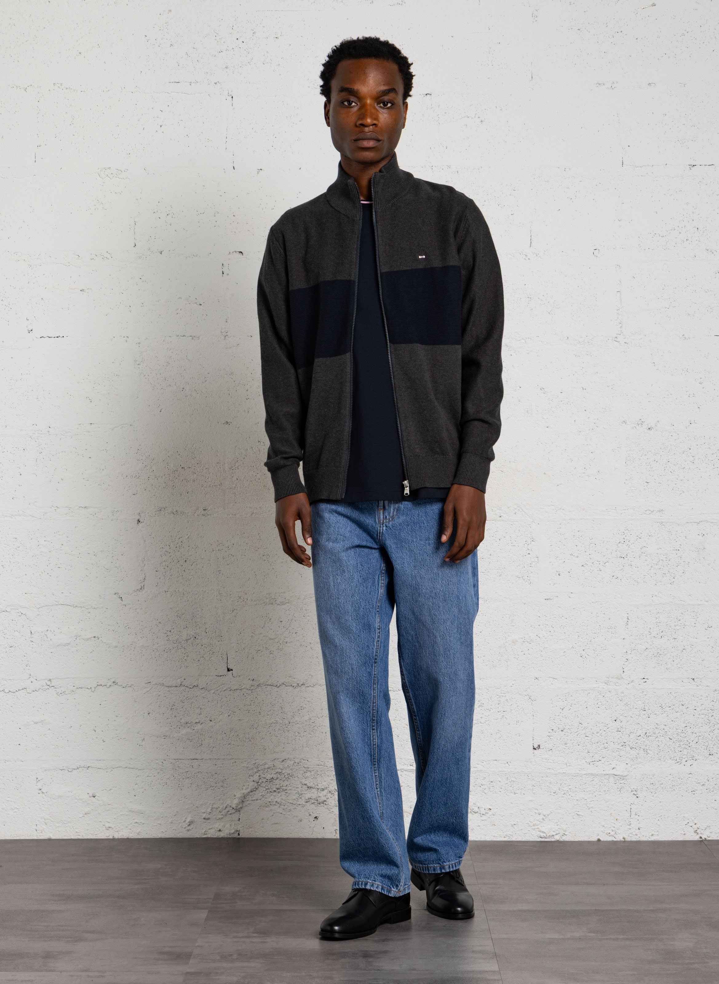 Straight zip-up high-neck cotton cardigan EDEN PARK Black