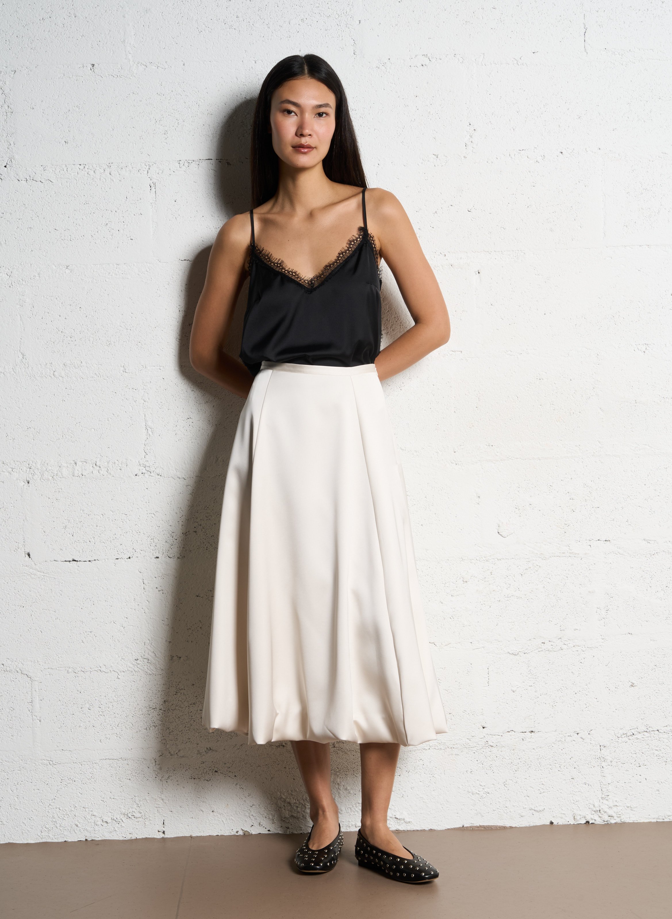 Satin Flared Midi Skirt IMPERIAL White