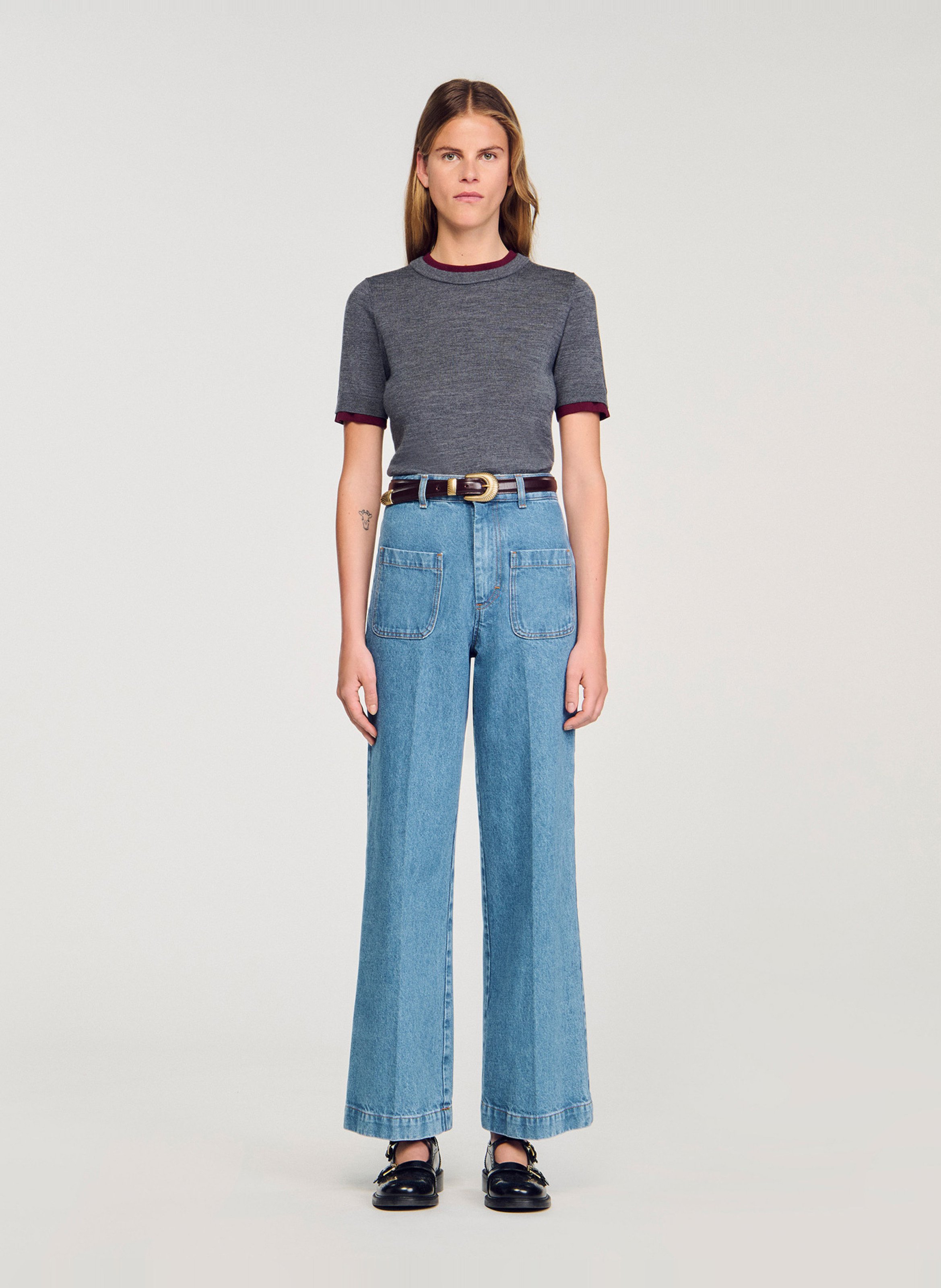 Pull ajusté col rond en laine SANDRO Gris