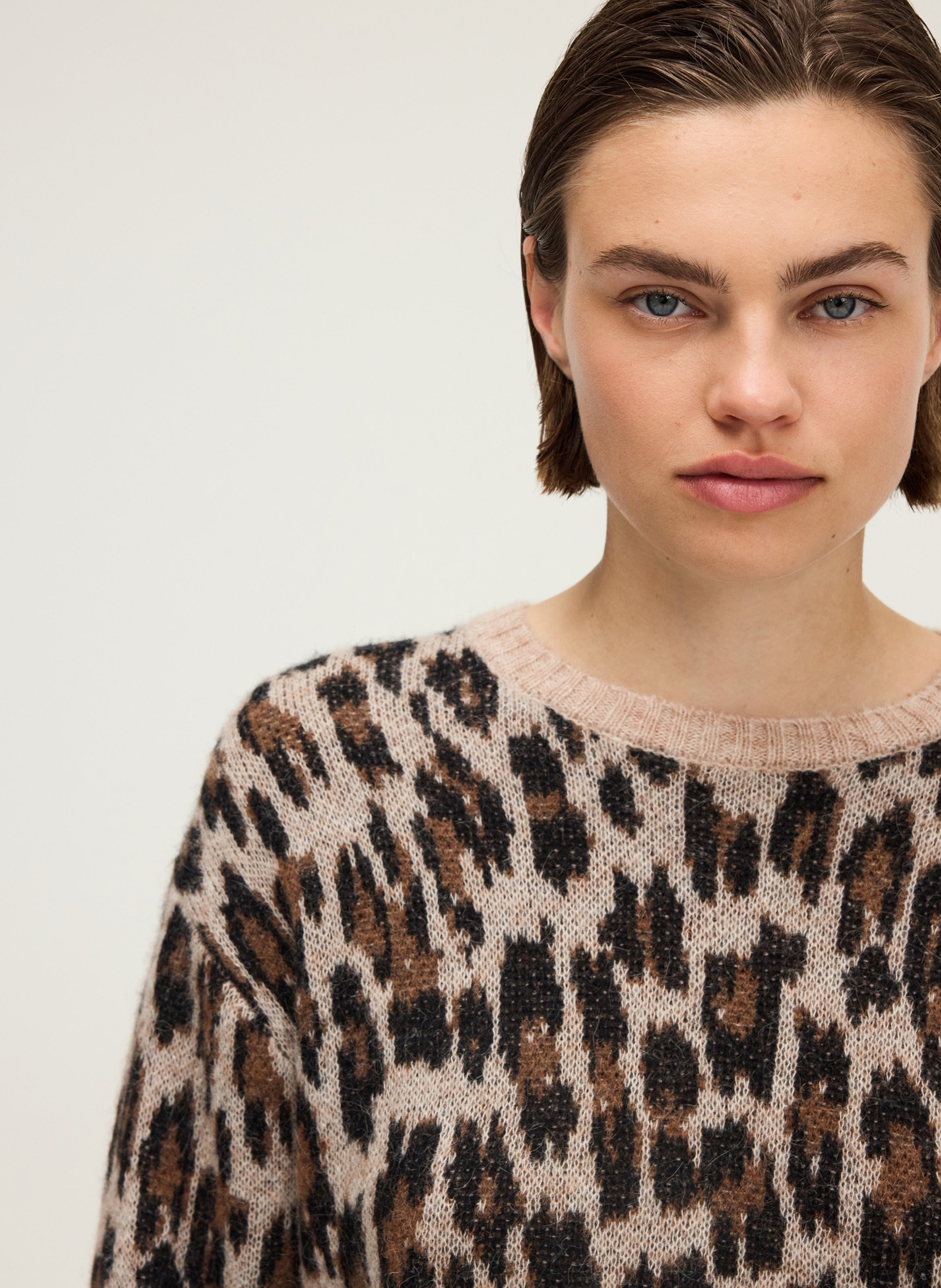 Oversized round neck leopard print wool blend sweater PABLO Beige