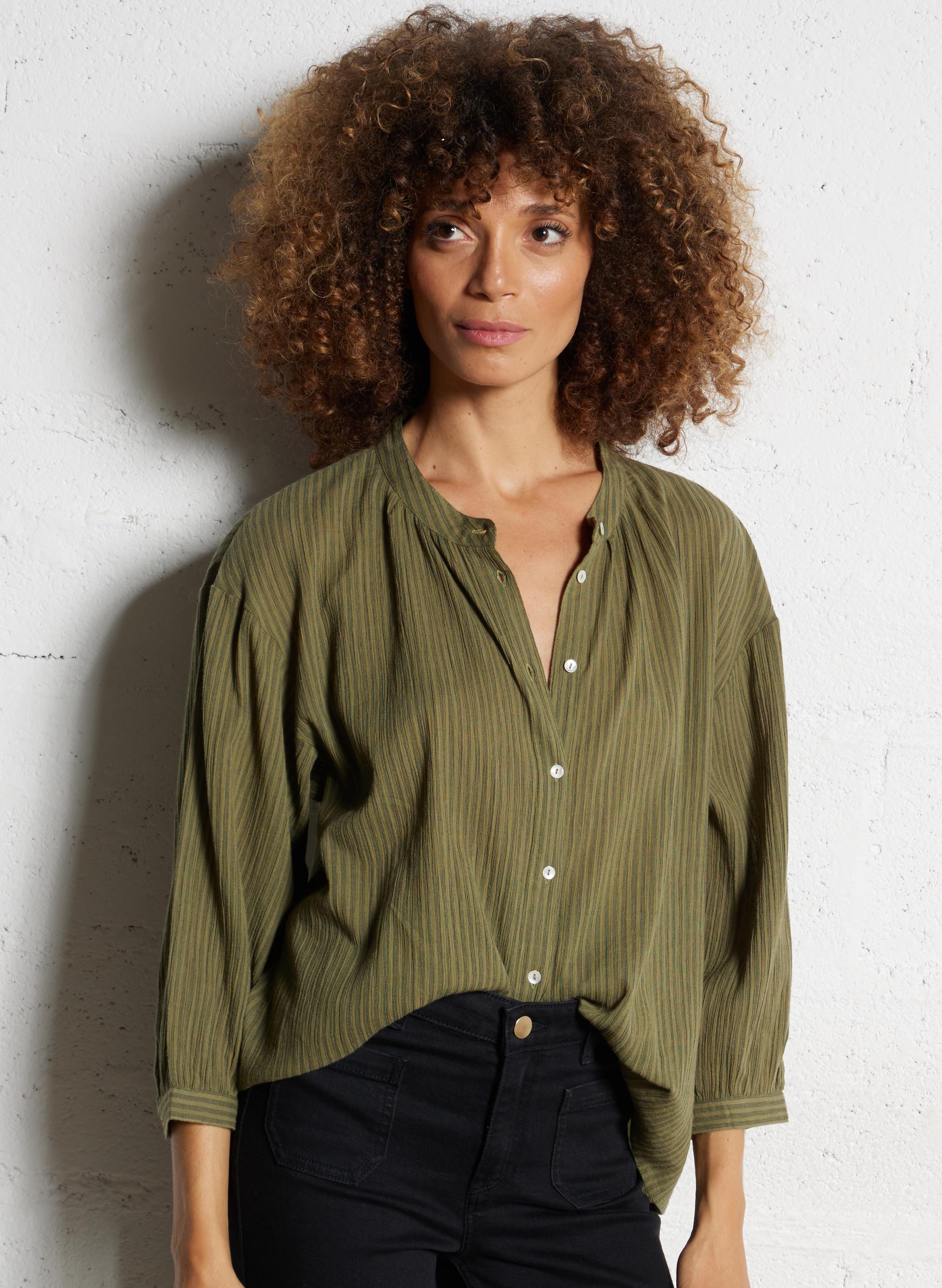 Loose-fit cotton shirt with mandarin collar MAISON 123 Khaki