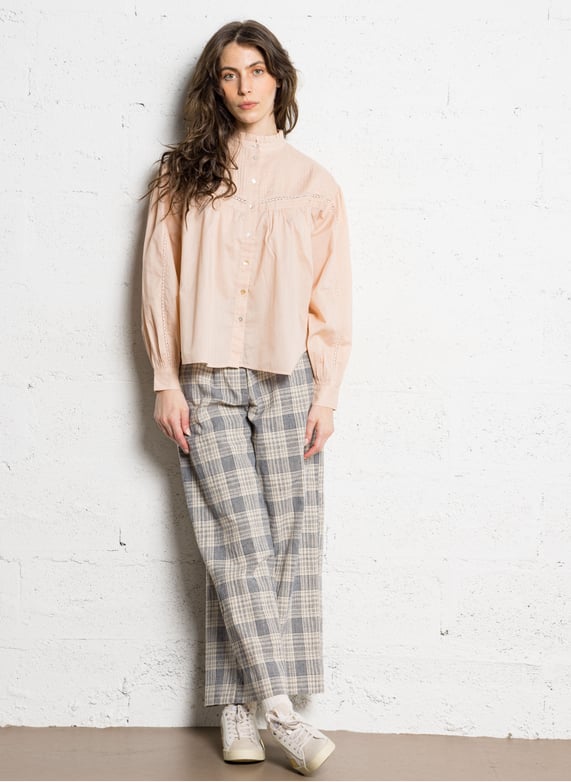 Wide checked pants in cotton and linen blend | Blue by HOD PARIS Wide checked pants in cotton and linen blend Blue