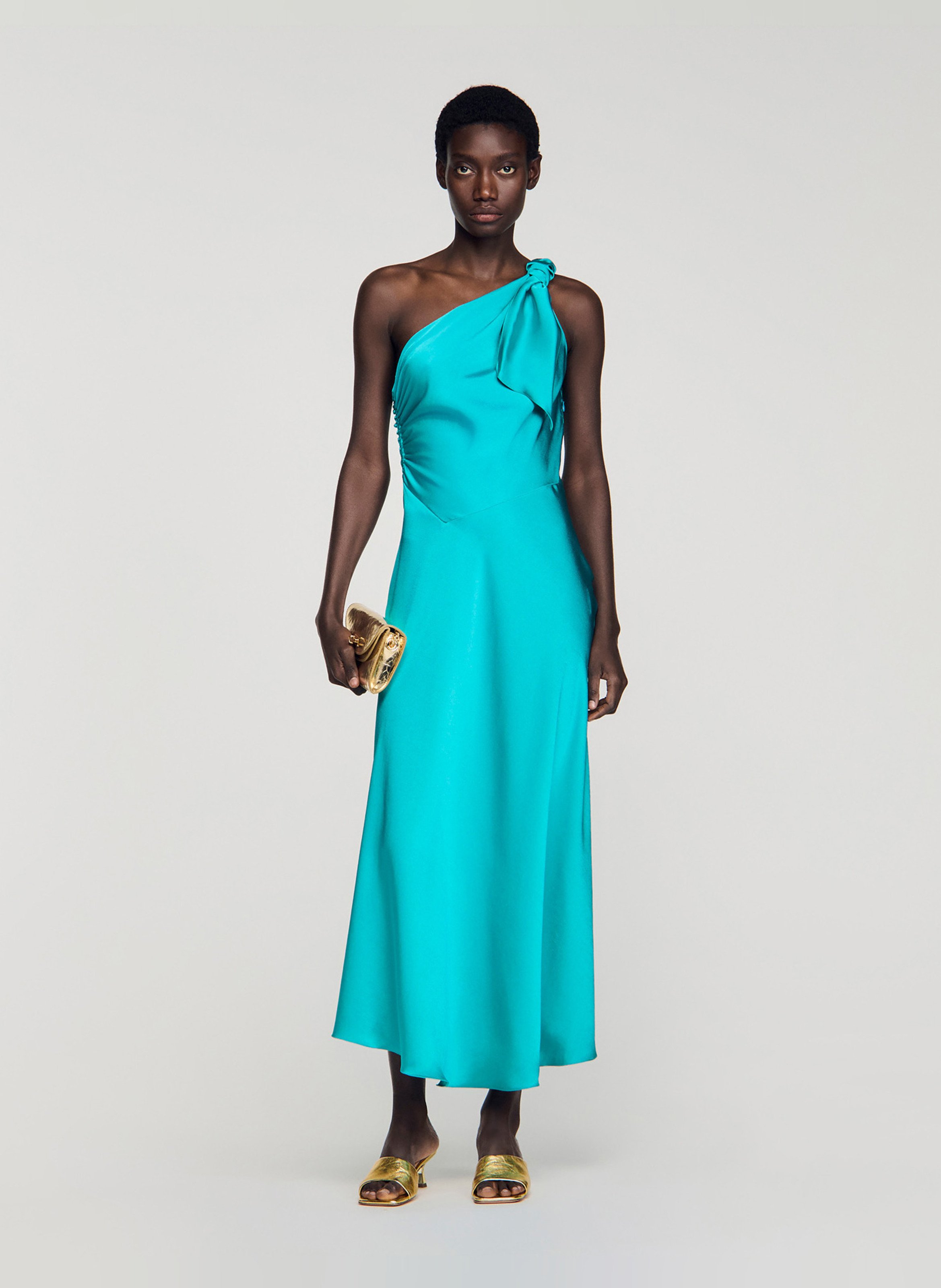 Lange effen satijnen jurk SANDRO Groen