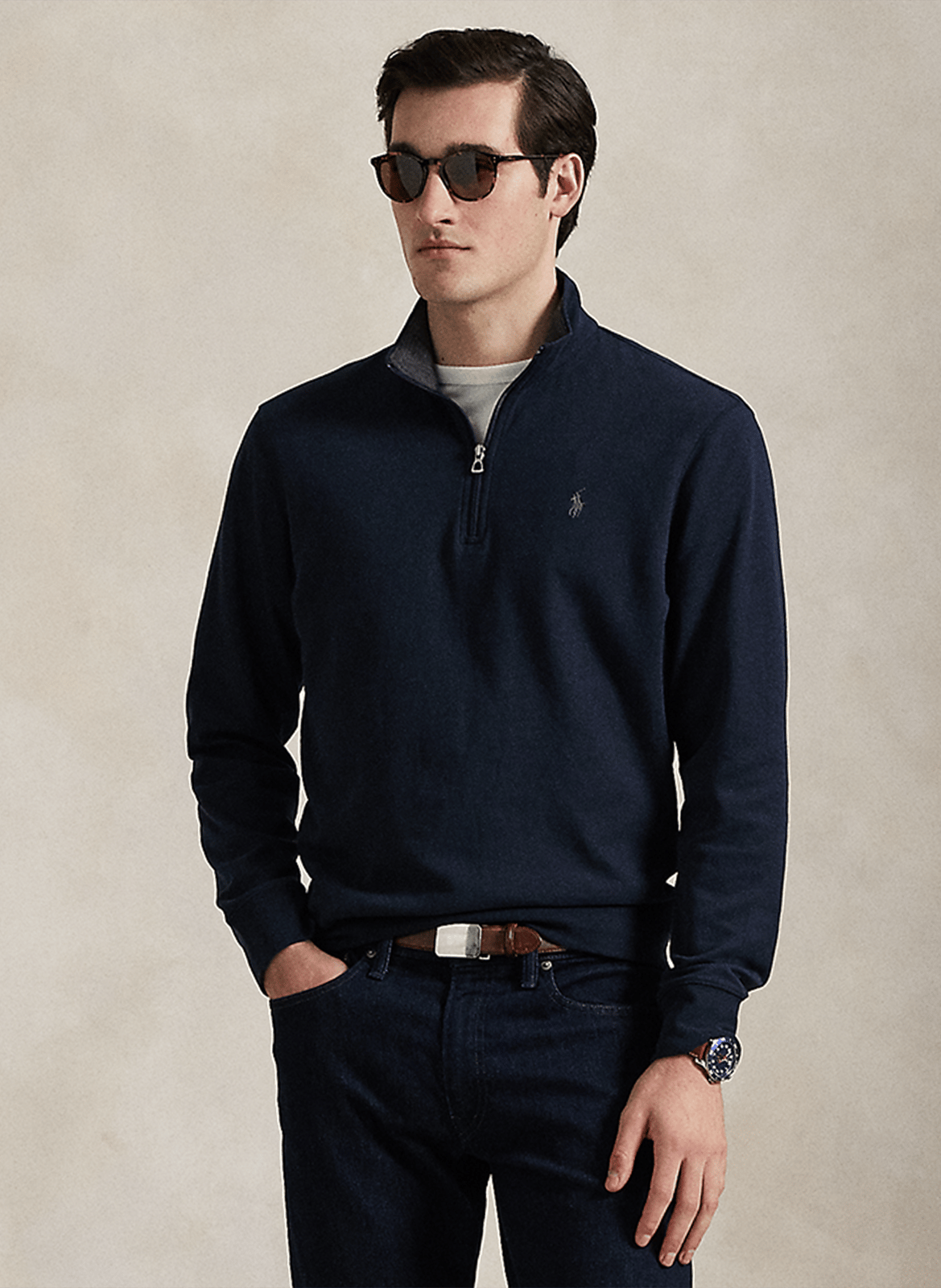 Pull col zippé en coton mélangé POLO RALPH LAUREN Bleu