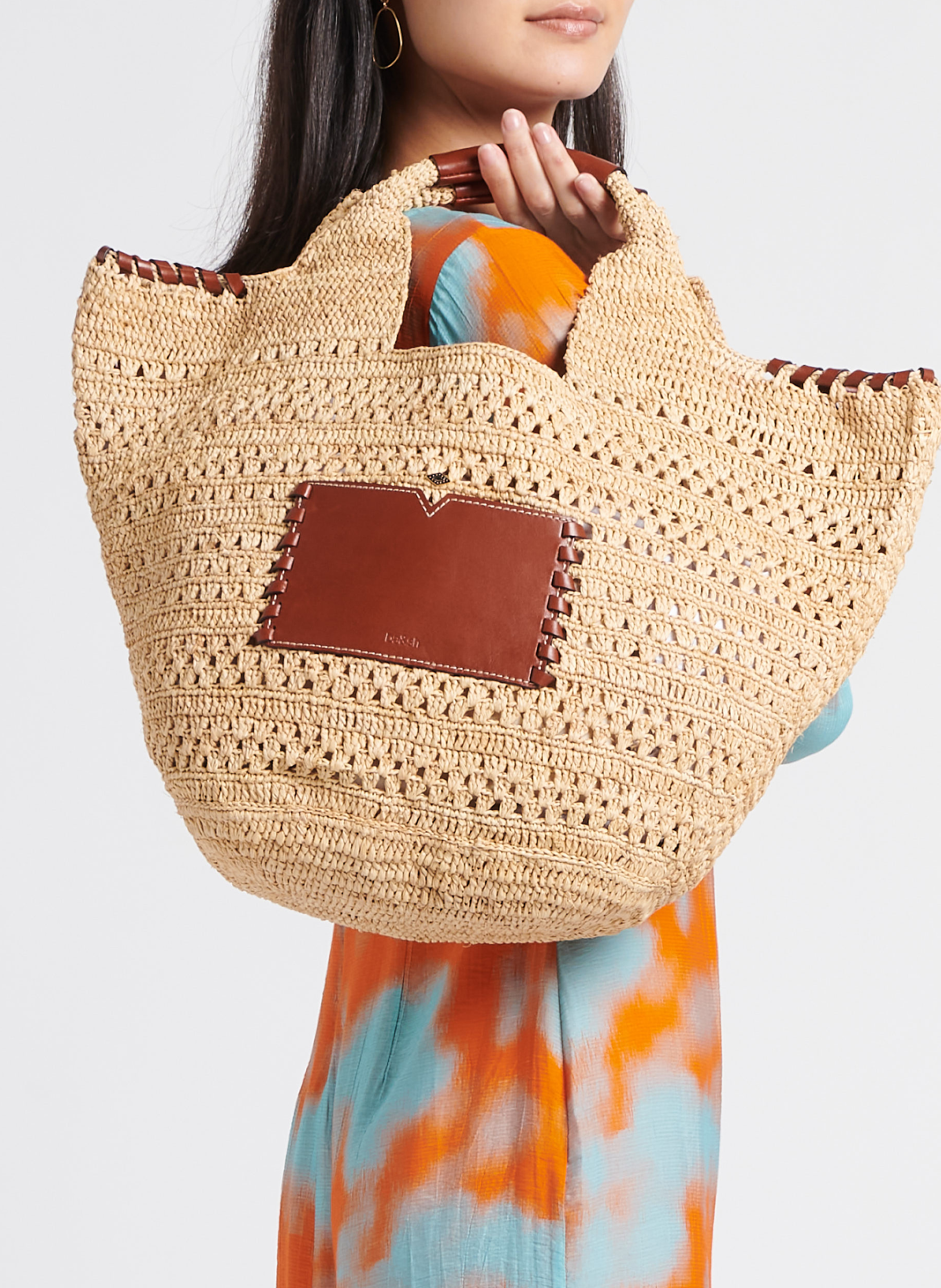 Sac cabas en paille et cuir BA&SH Marron
