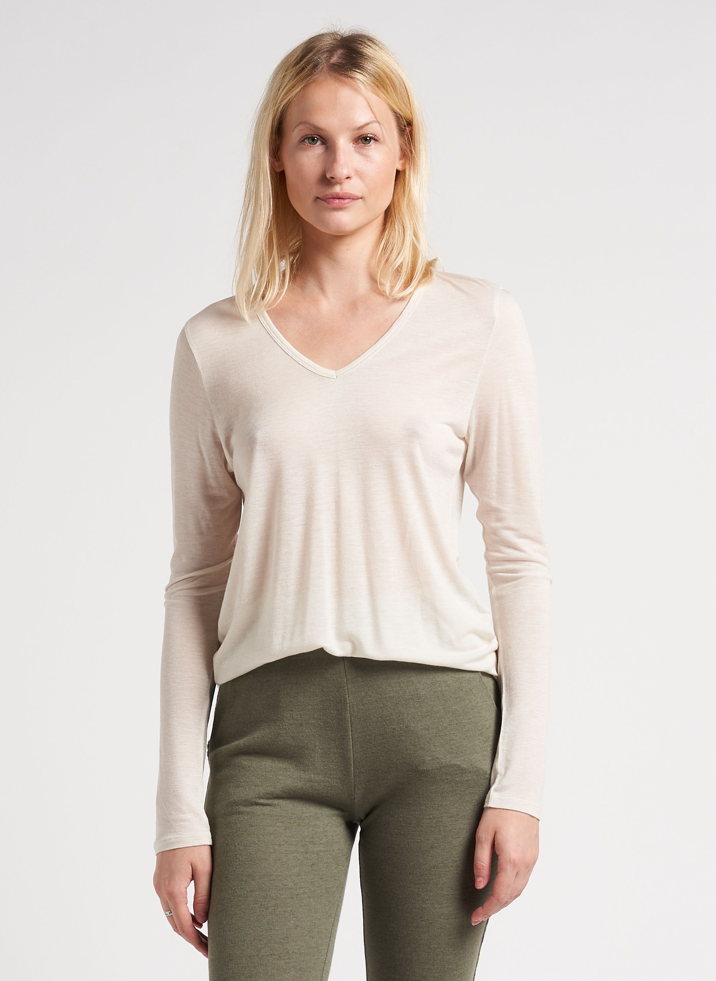 Tee shirt col V en coton m lang Beige