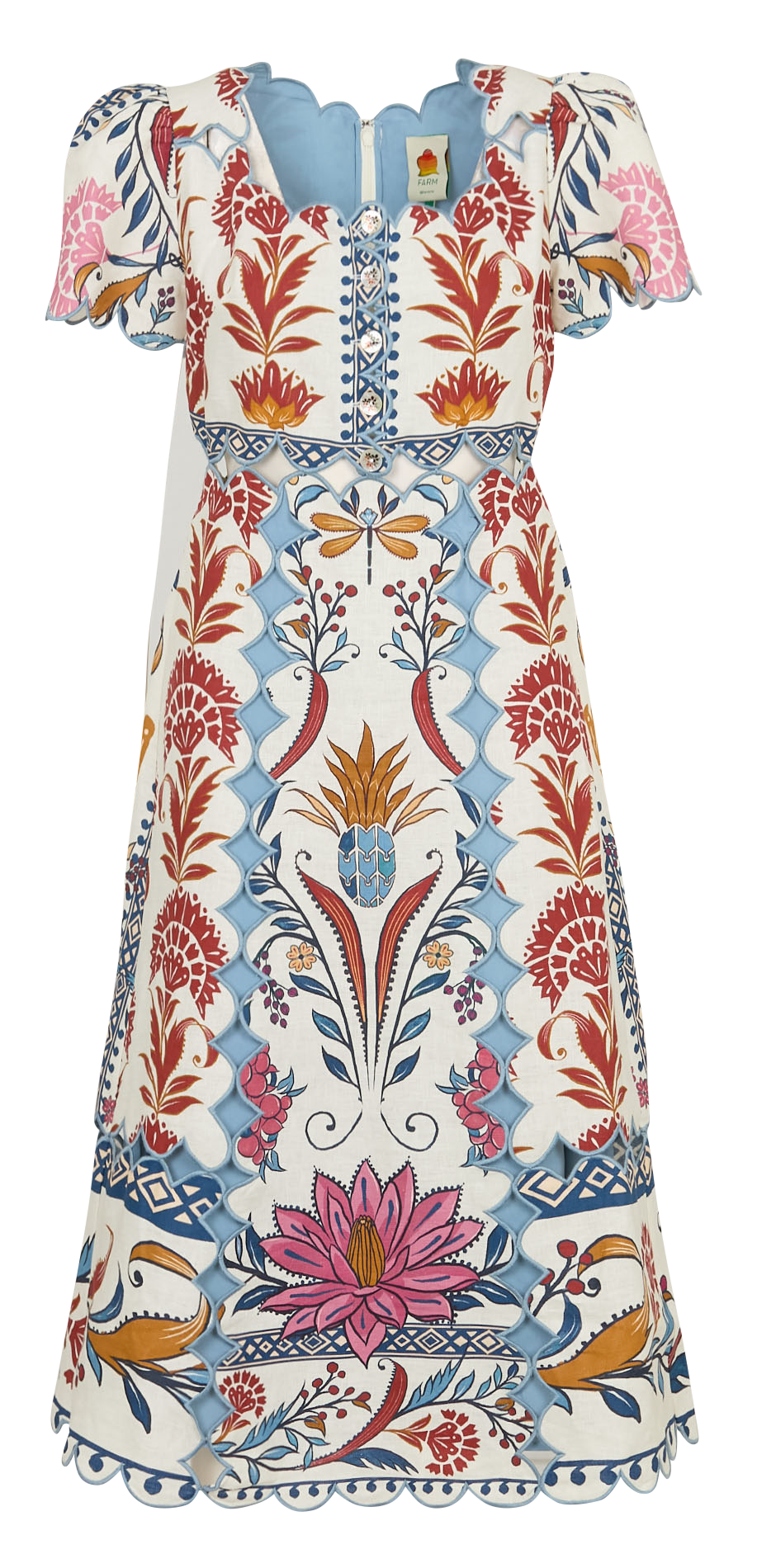 Long printed round-neck dress Beige