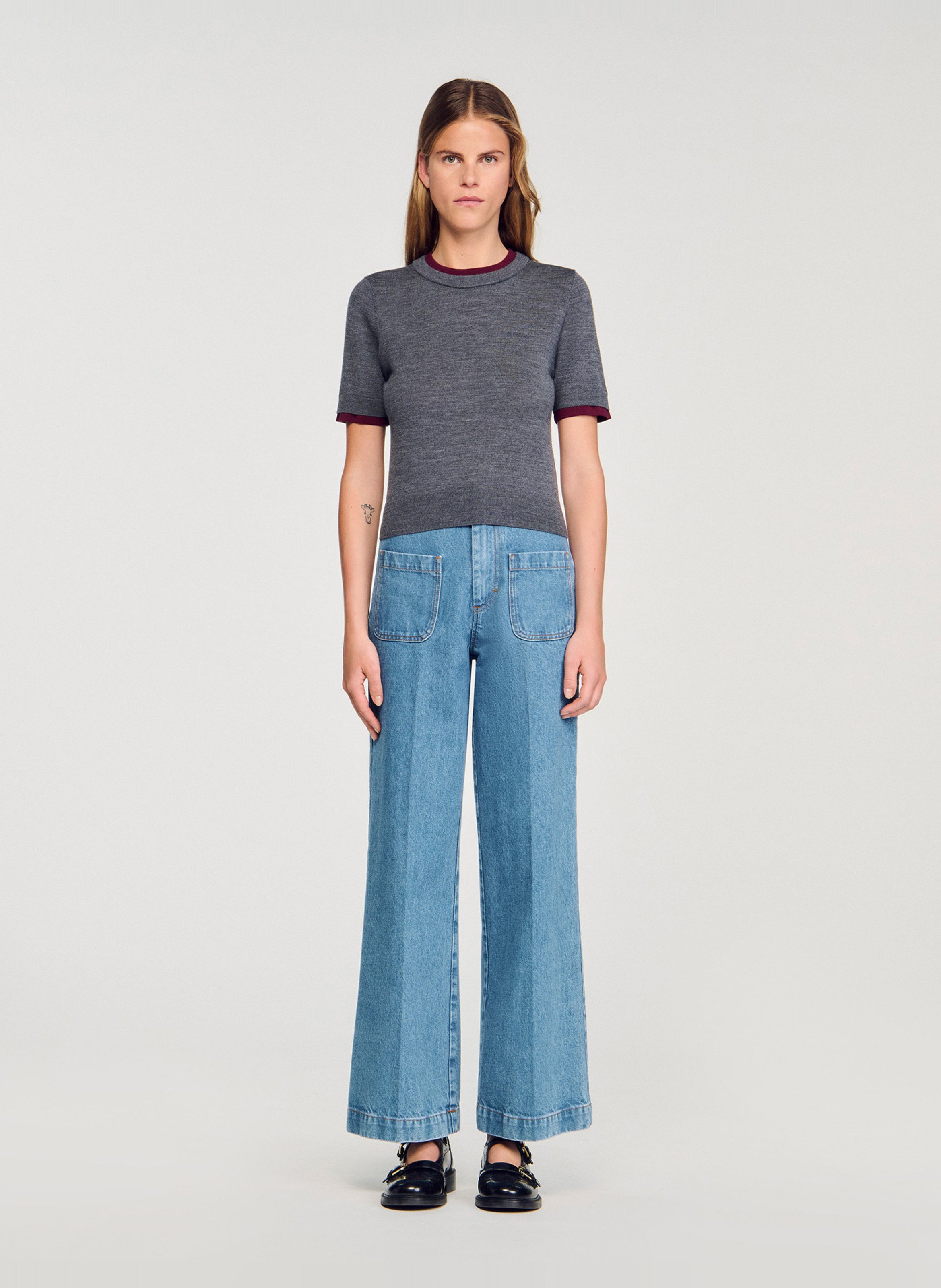 Pull ajusté col rond en laine SANDRO Gris