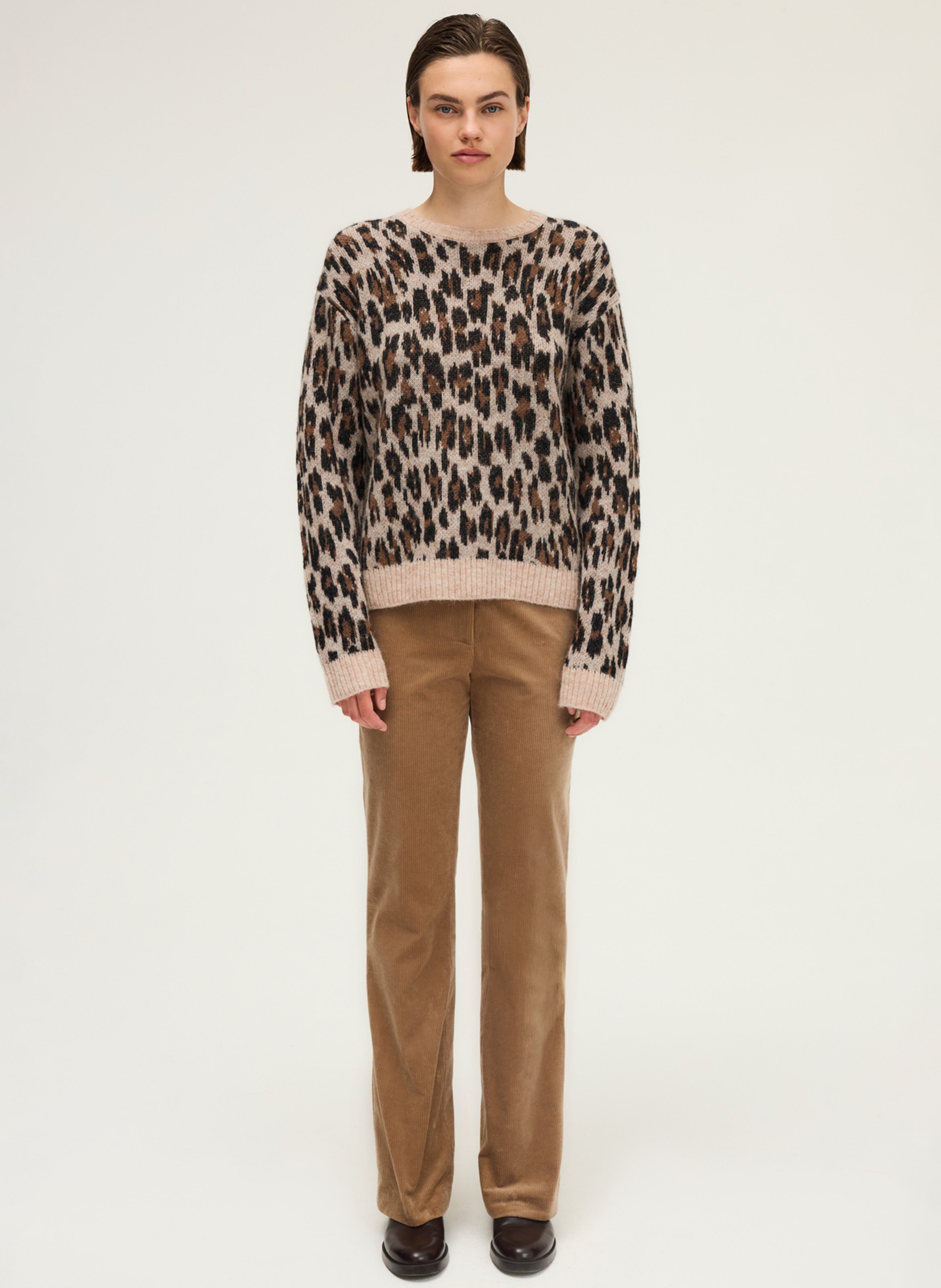 Oversized round neck leopard print wool blend sweater PABLO Beige