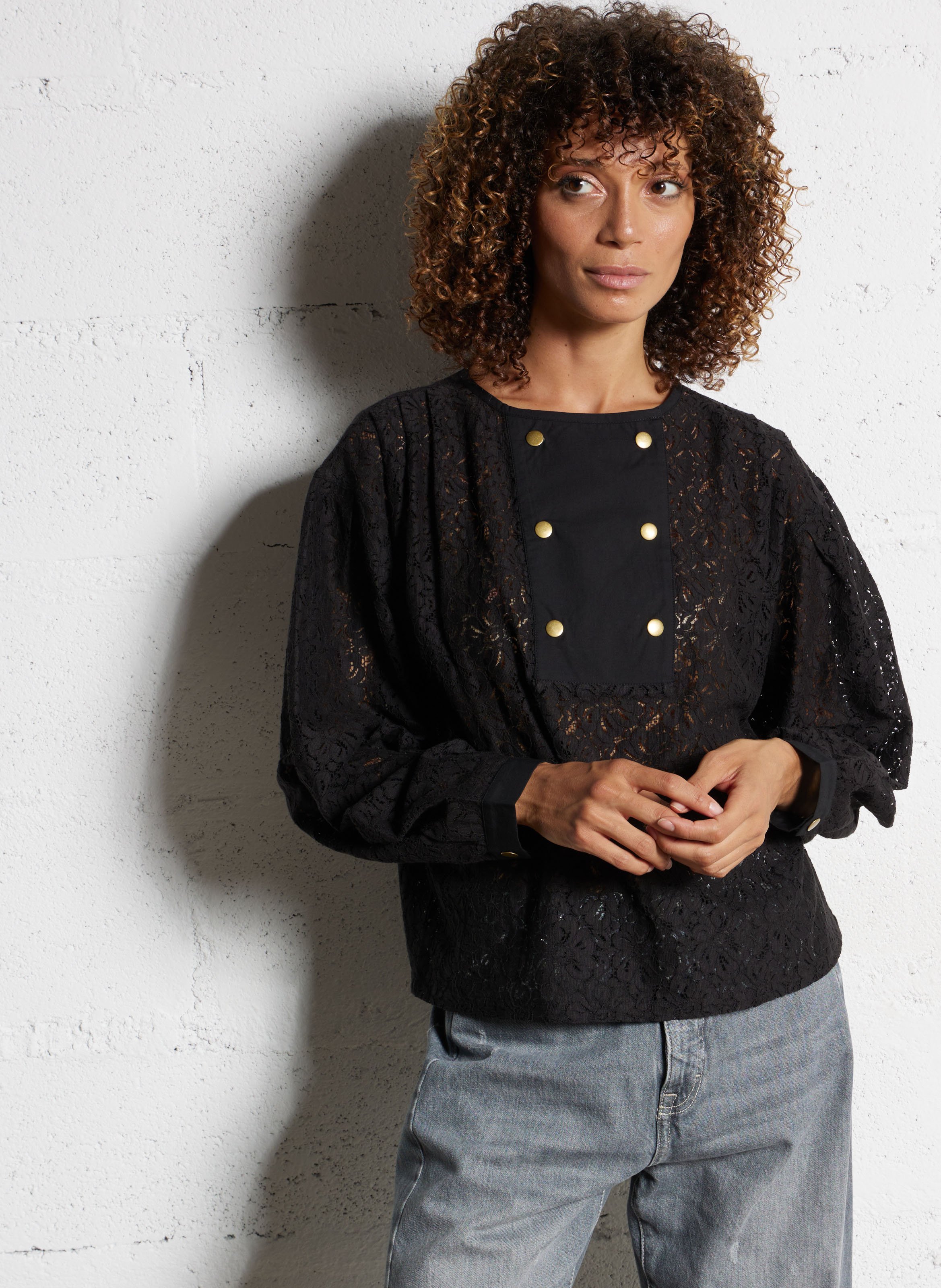 Kanten blouse met ronde hals LEON & HARPER Zwart