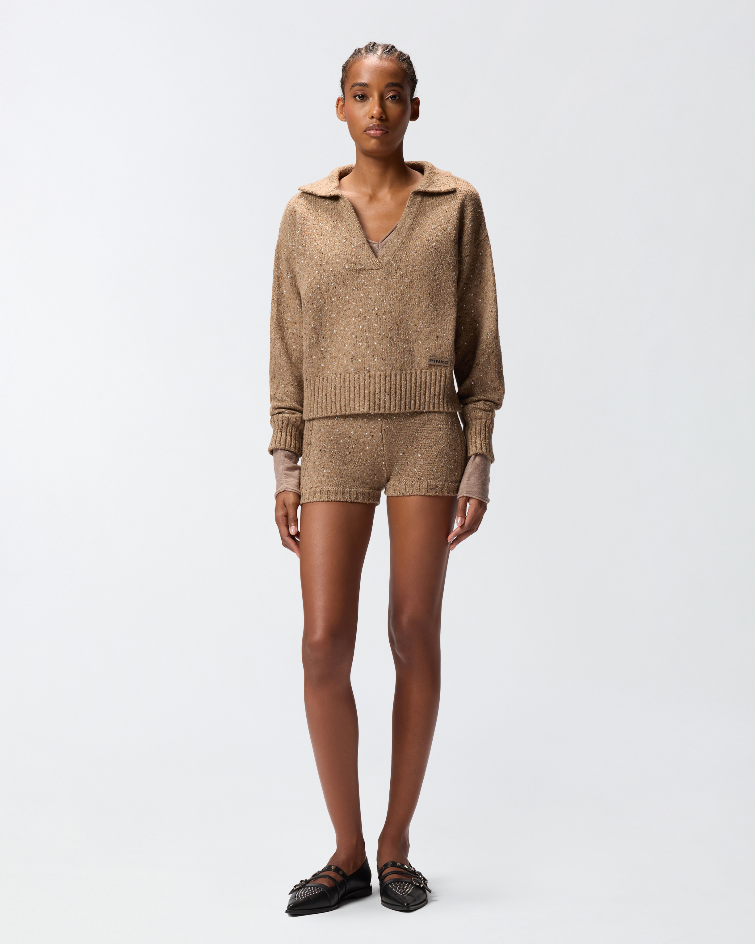 V-neck T-shirt with sequins PINKO Beige