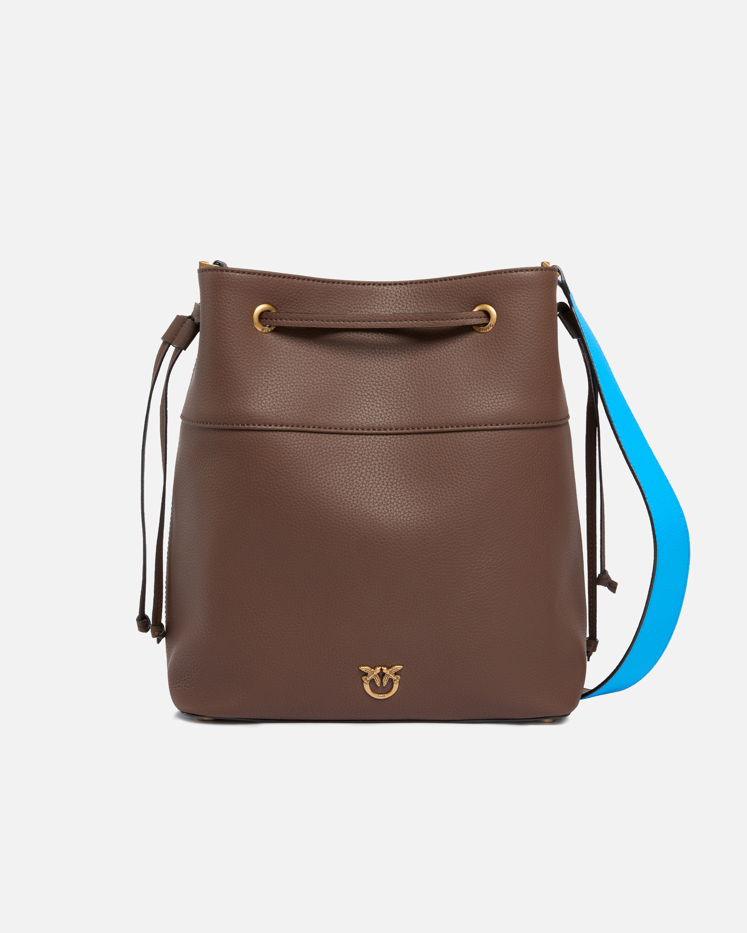 Medium bucket shoulder bag in full grain leather with love birds logo PINKO Brown