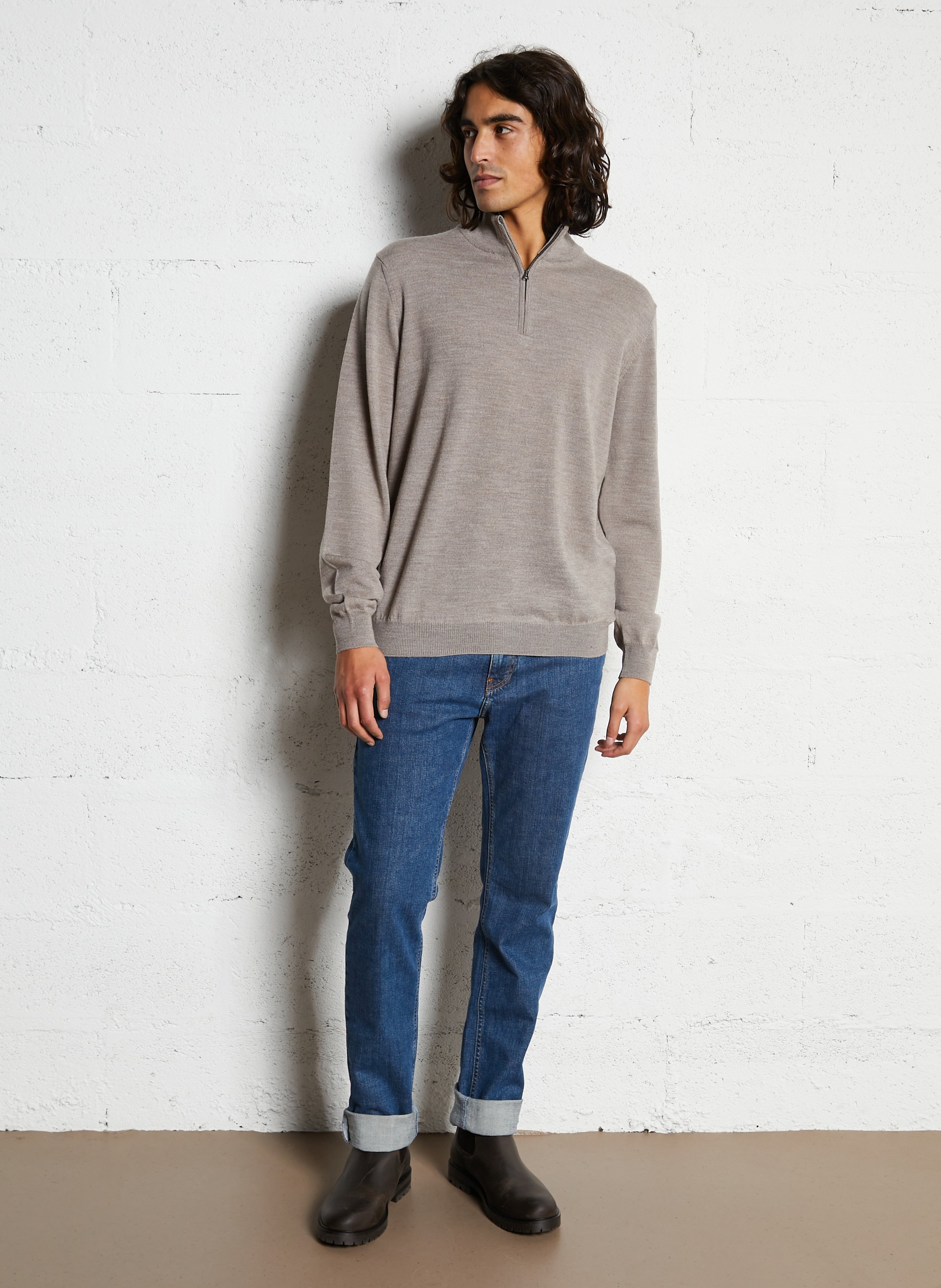 Rechte wollen trui met opstaande kraag en rits FACONNABLE Beige