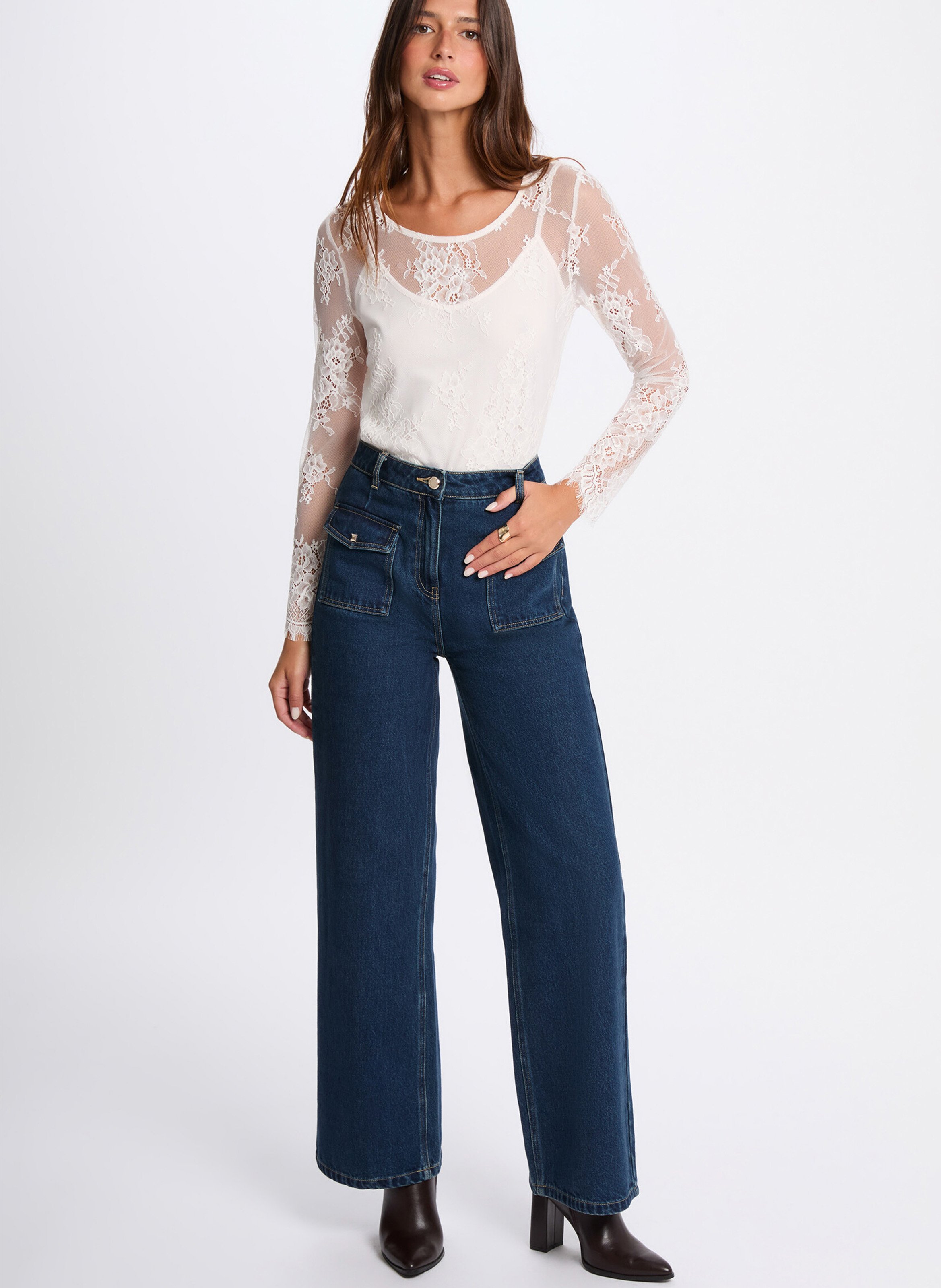 Tee-shirt droit en dentelle MORGAN Beige