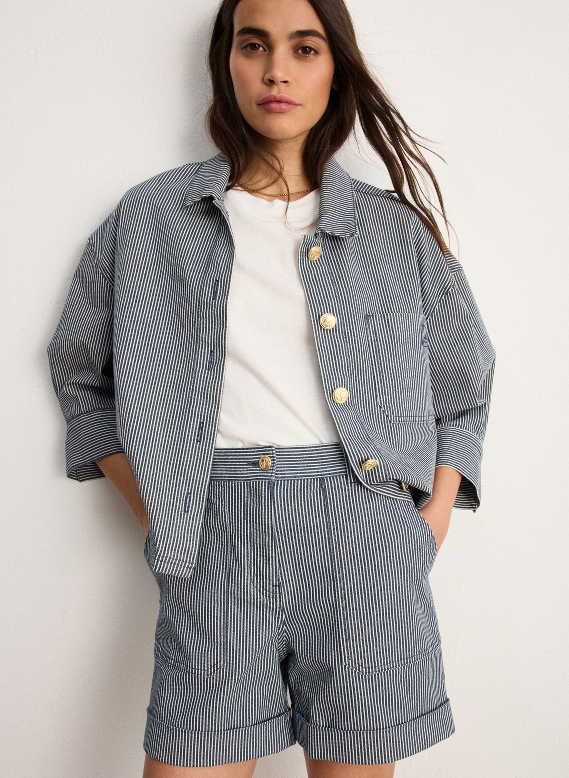 Short large taille haute en coton mélangé PABLO Bleu