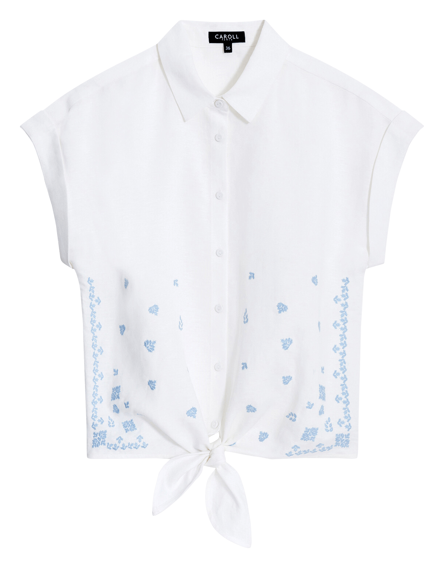 Chemise droite col classique en lin mélangé brodée CAROLL Blanc
