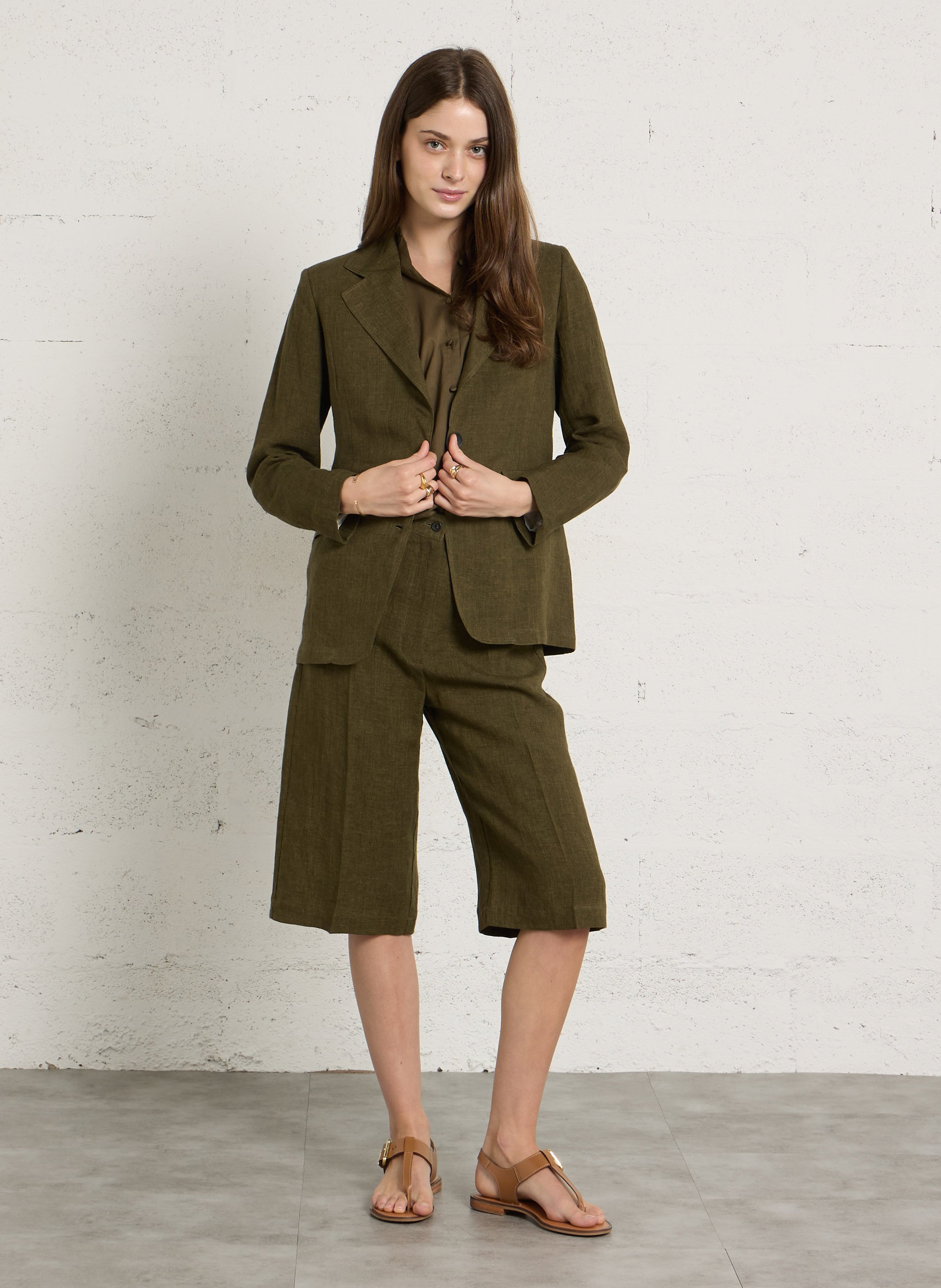 Veste tailleur droite en lin Kaki