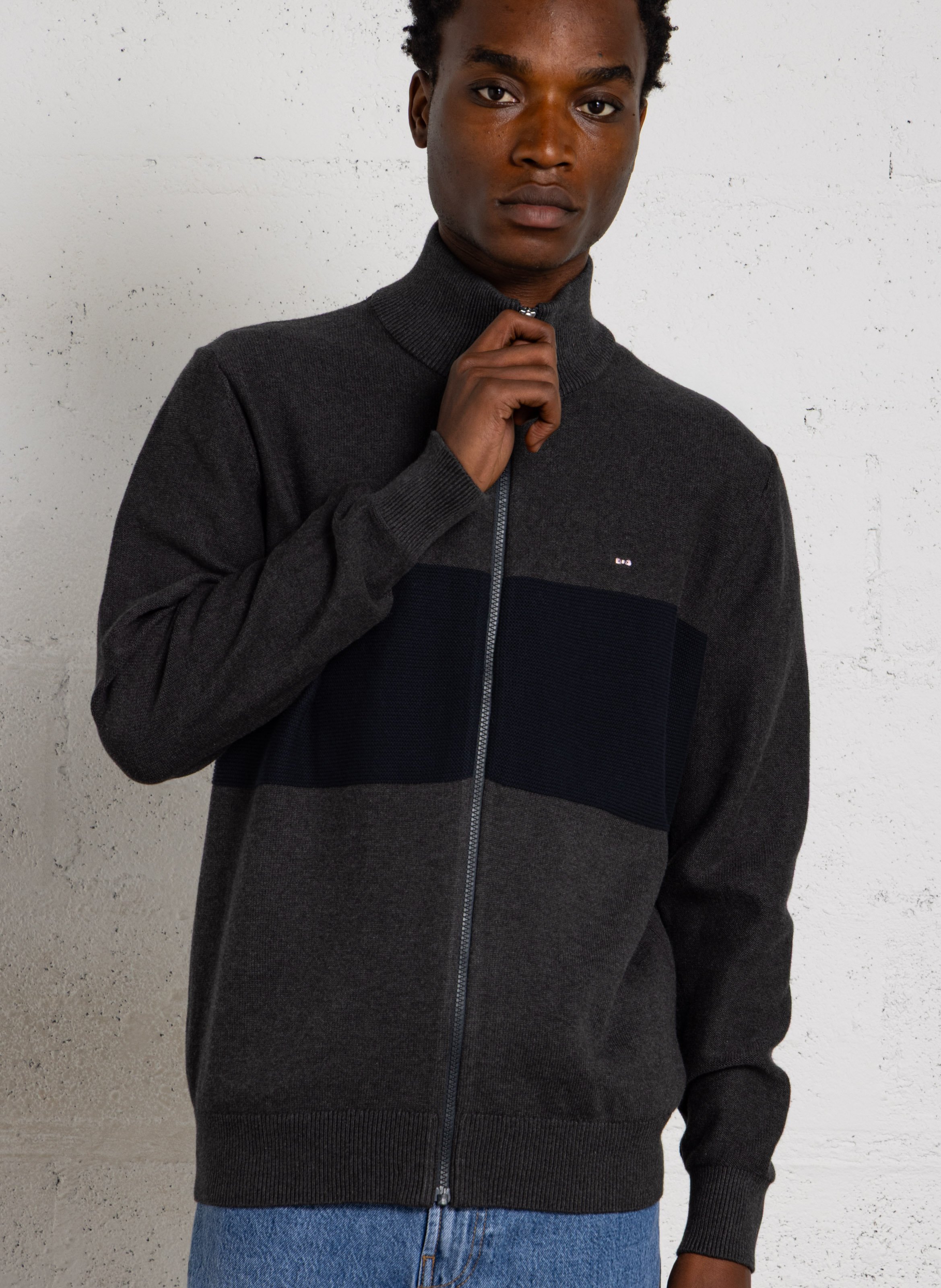 Straight zip-up high-neck cotton cardigan EDEN PARK Black