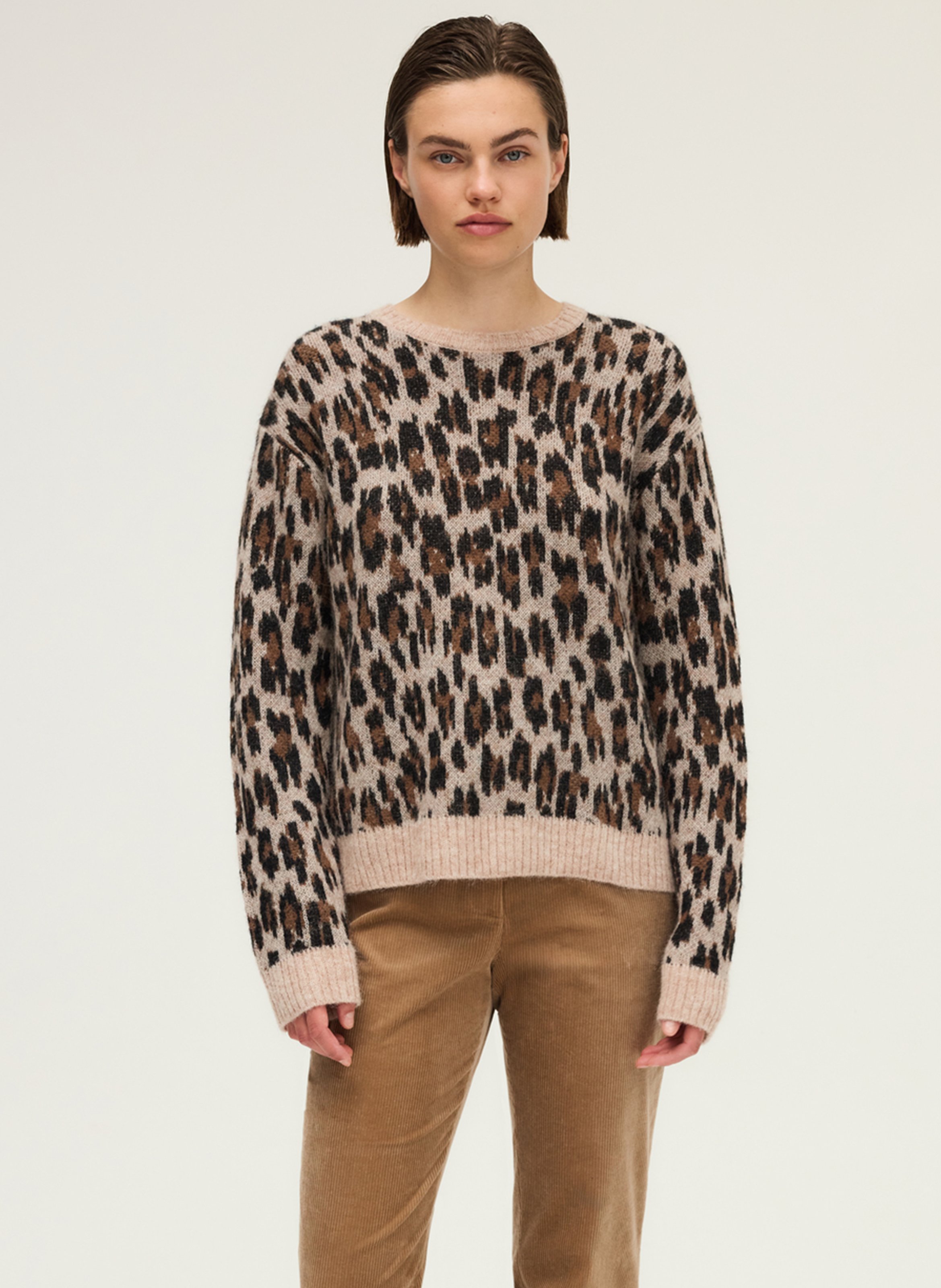 Oversized round neck leopard print wool blend sweater PABLO Beige