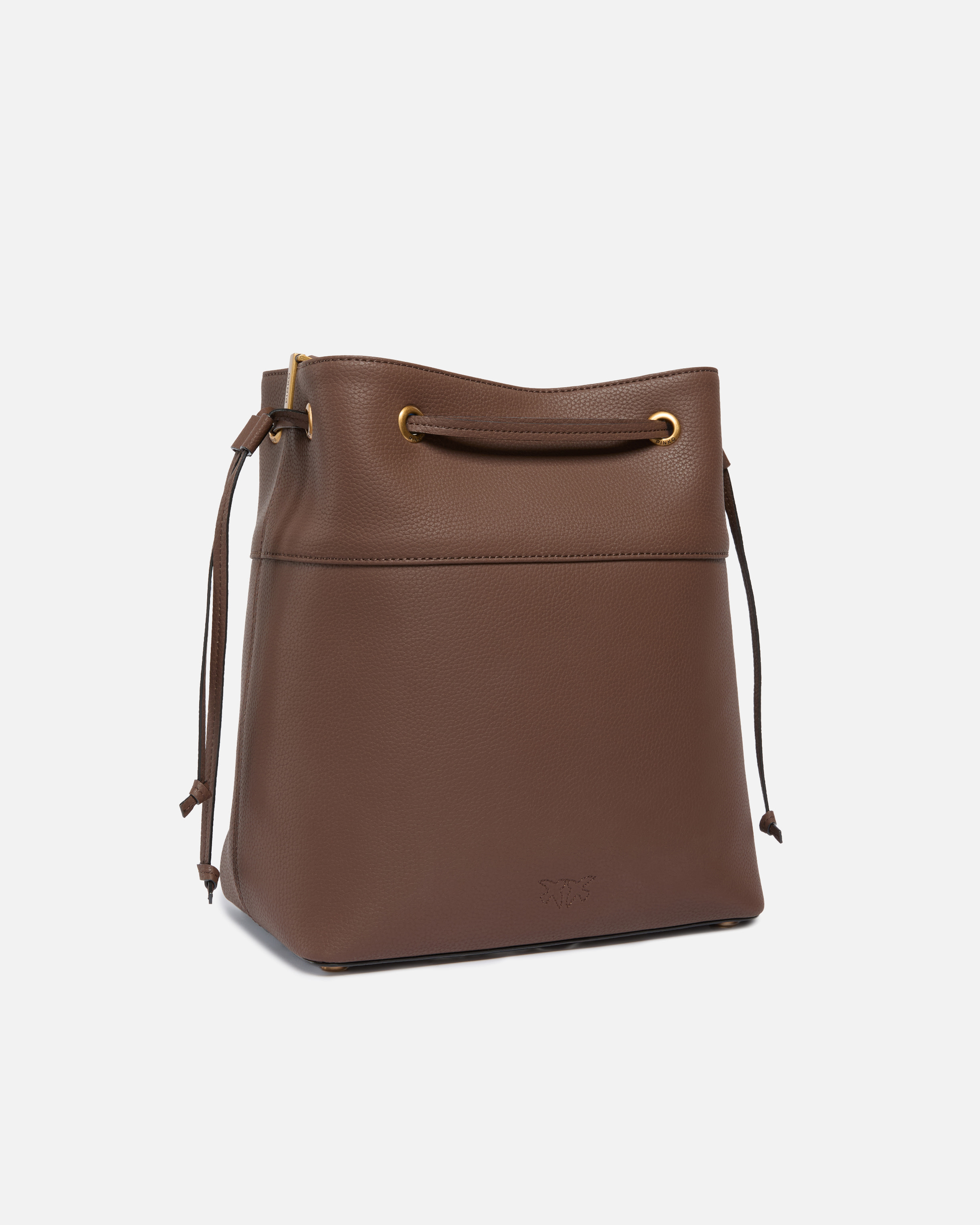 Medium bucket shoulder bag in full grain leather with love birds logo PINKO Brown