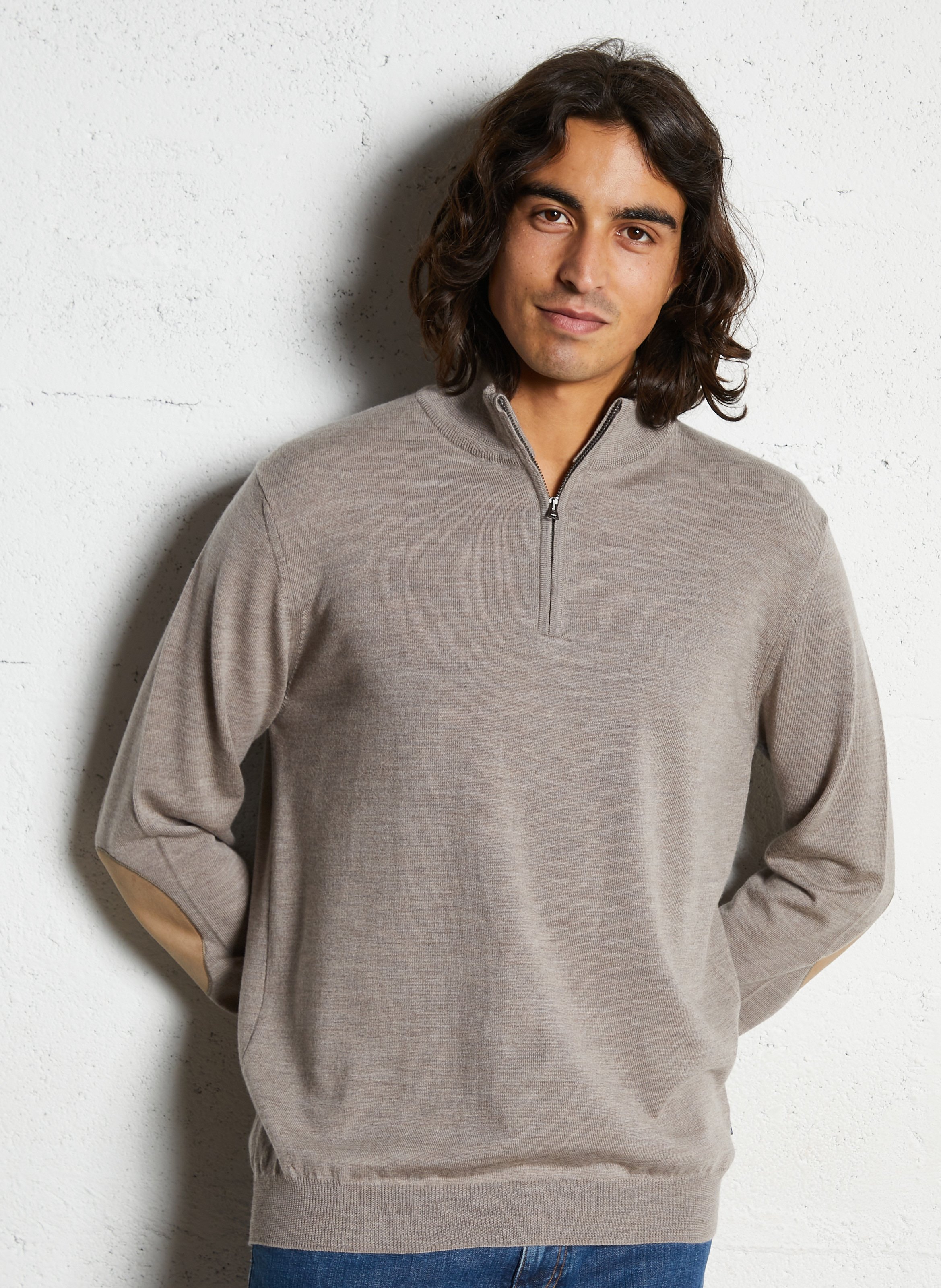 Rechte wollen trui met opstaande kraag en rits FACONNABLE Beige