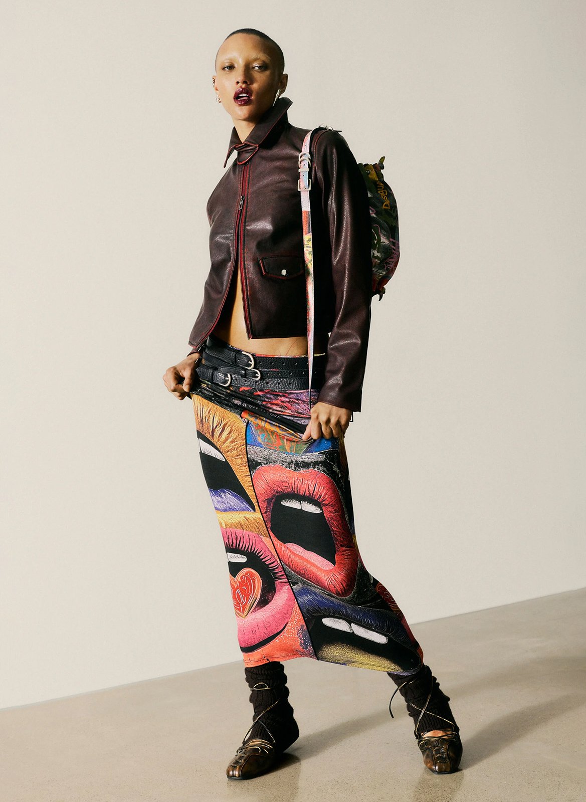 Jupe midi imprimée DESIGUAL Noir