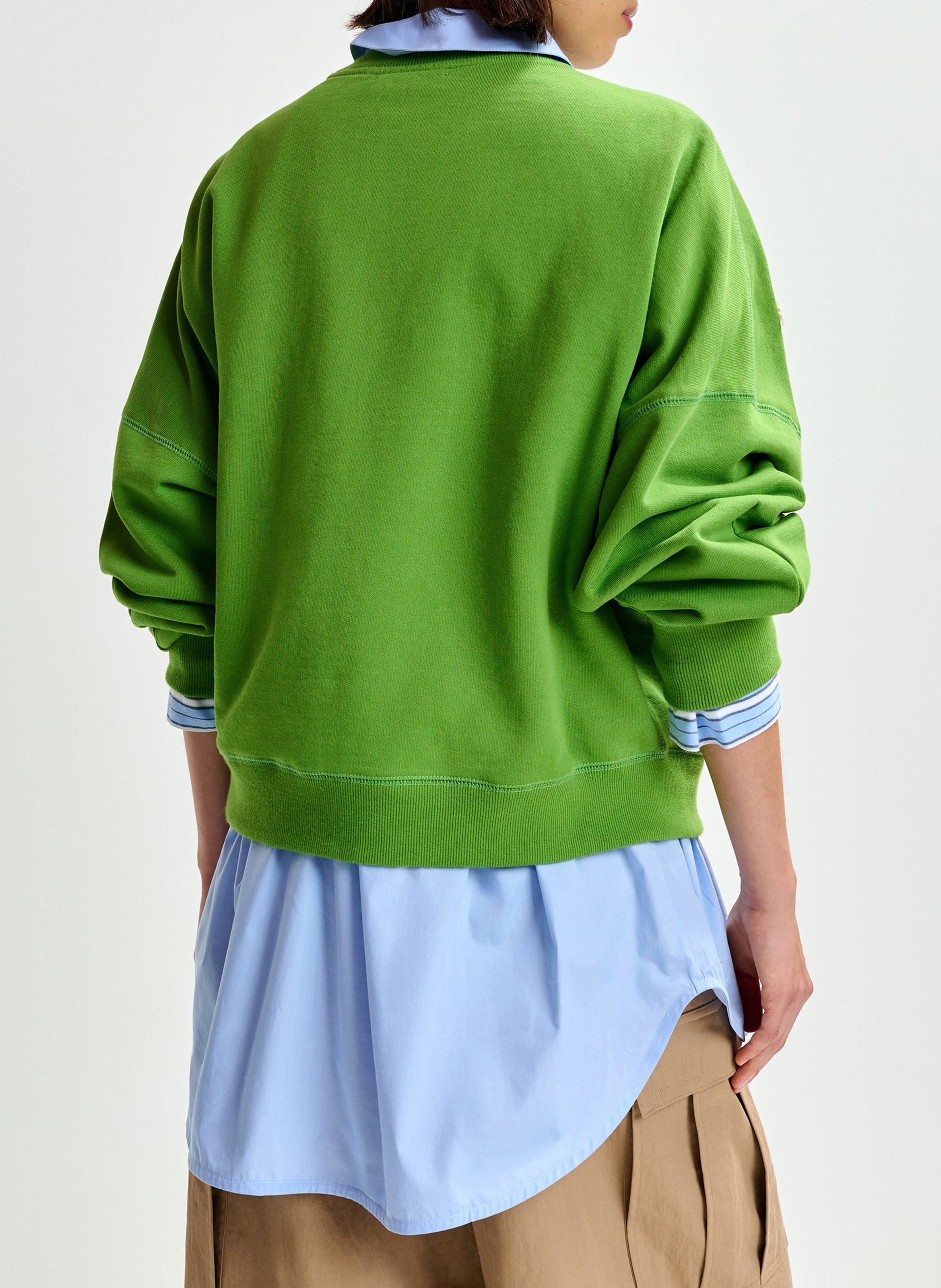 Oversized Sweatshirt with Embroidered Flowers Green