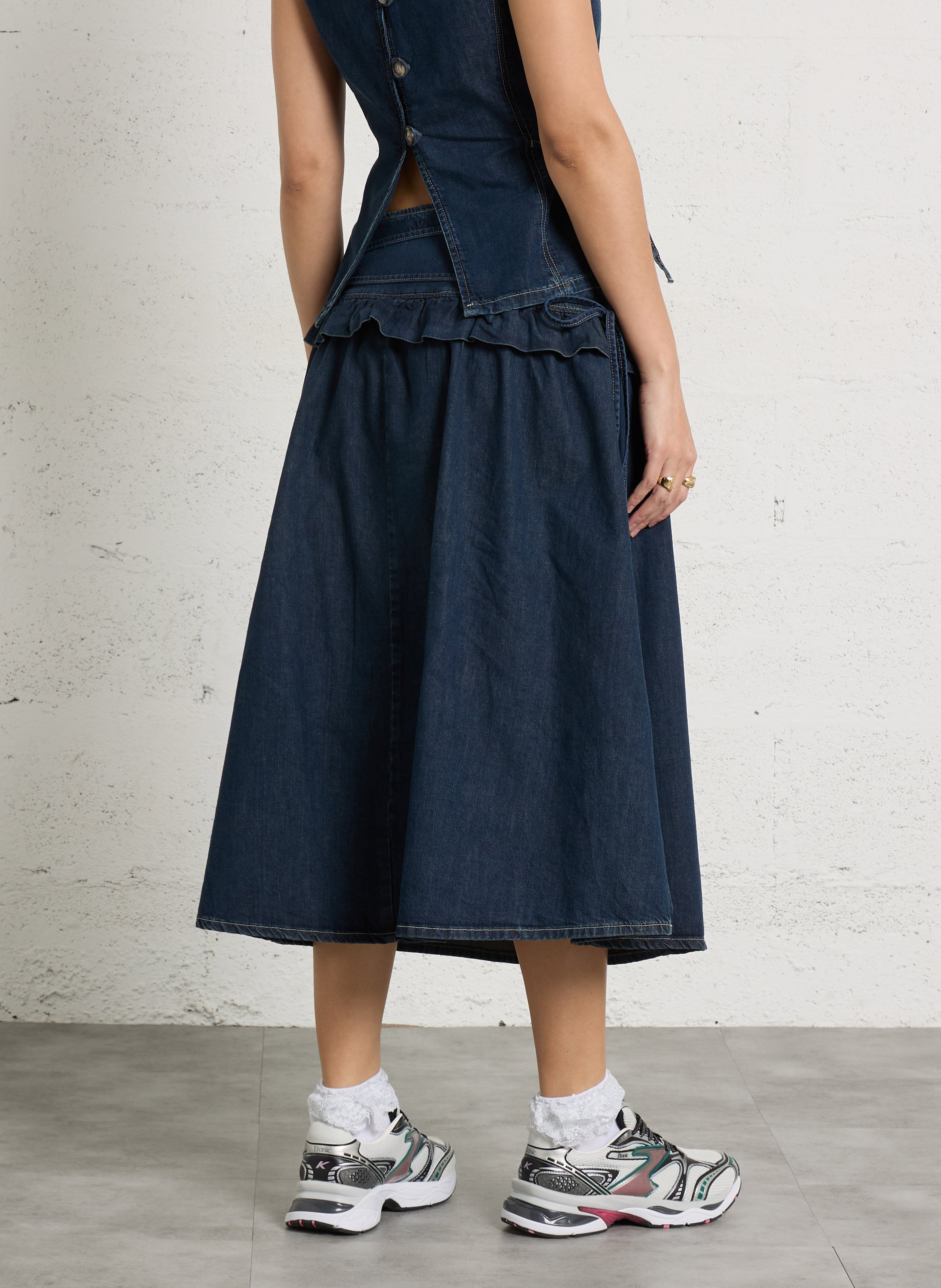 Uitlopende midi spijkerrok in rauw denim Blauw