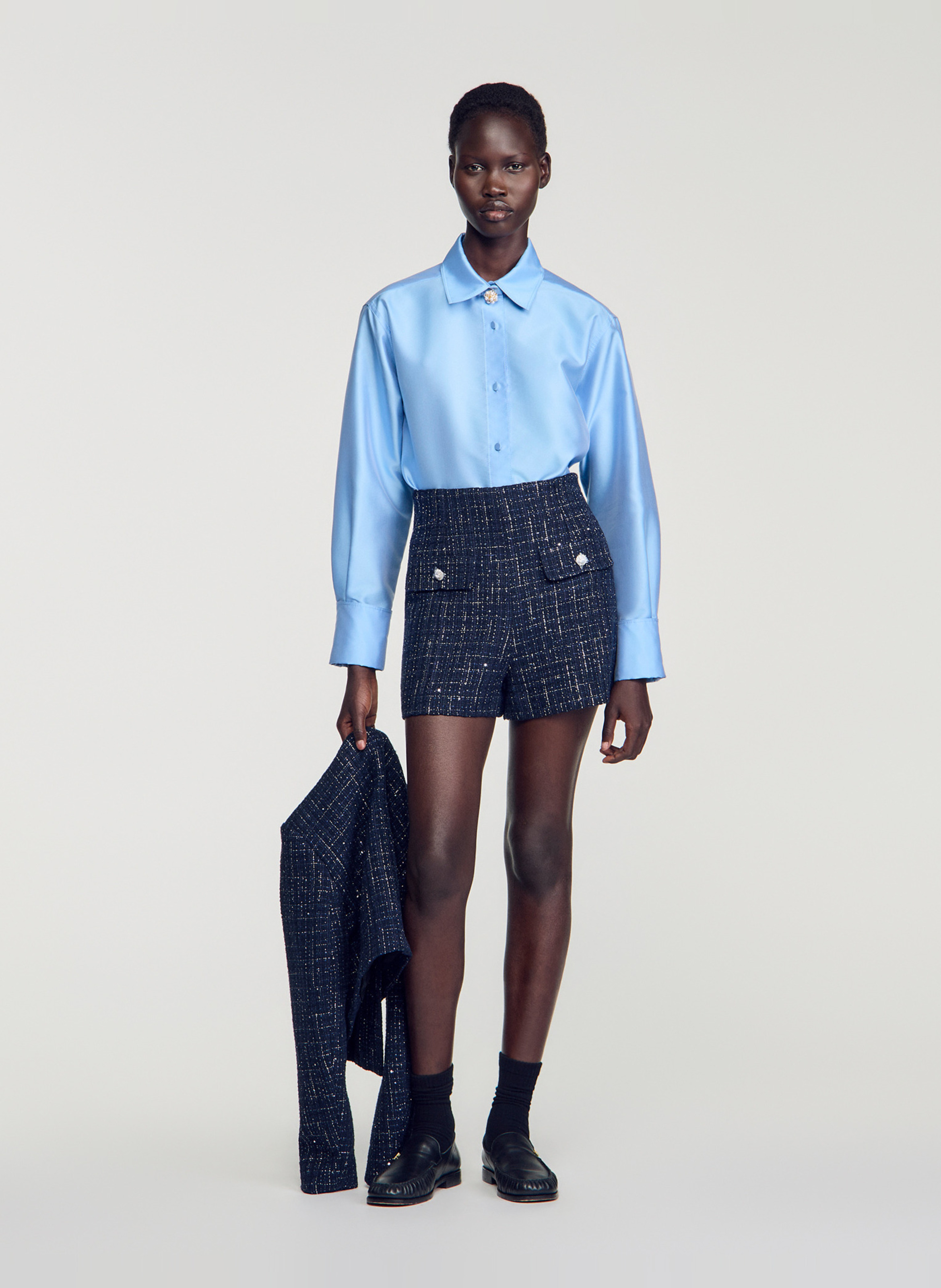 Gerade geschnittener High-Waist-Rock aus Tweed SANDRO Blau