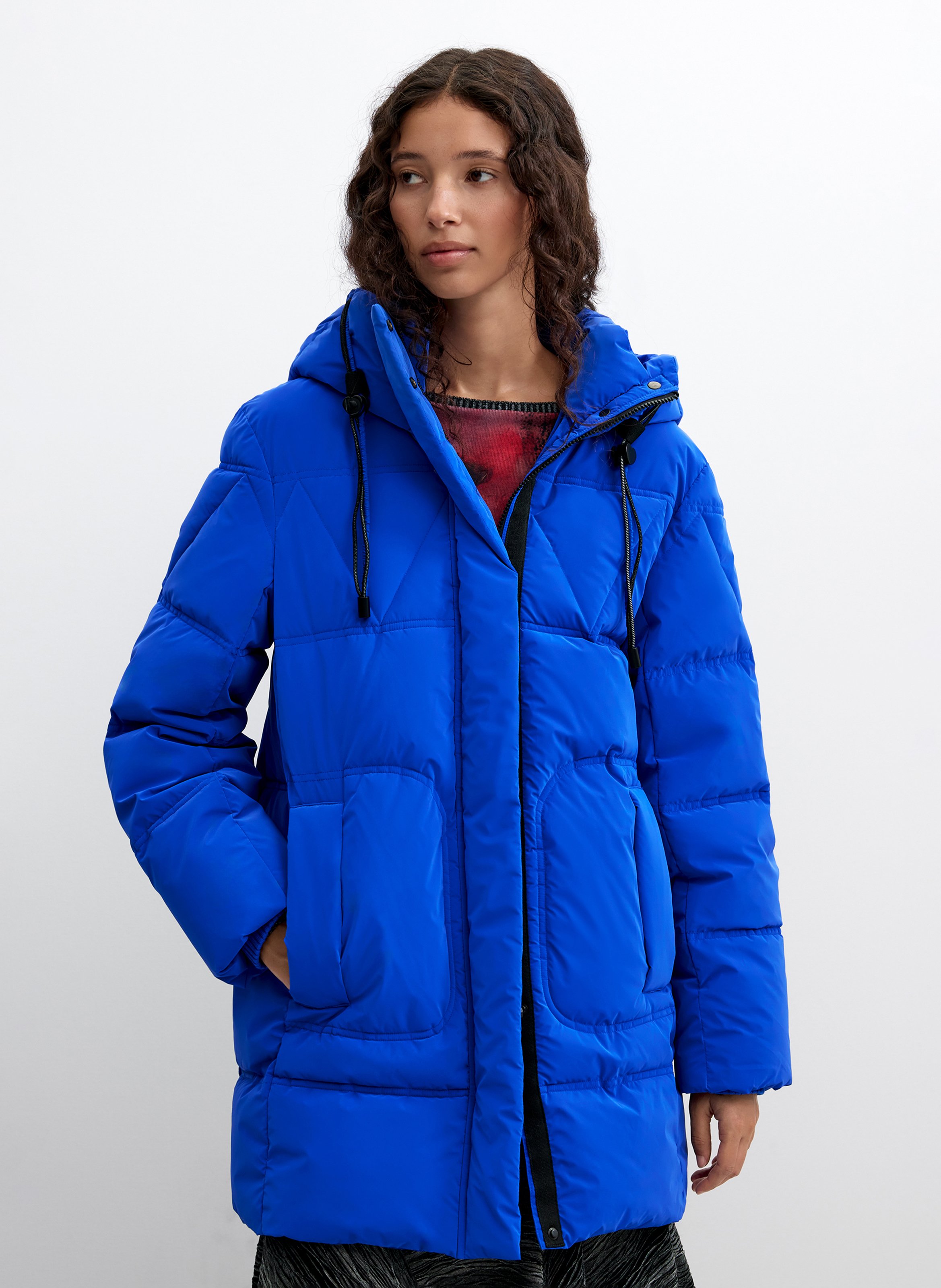 Plain mid-length hooded puffer jacket DESIGUAL Blue