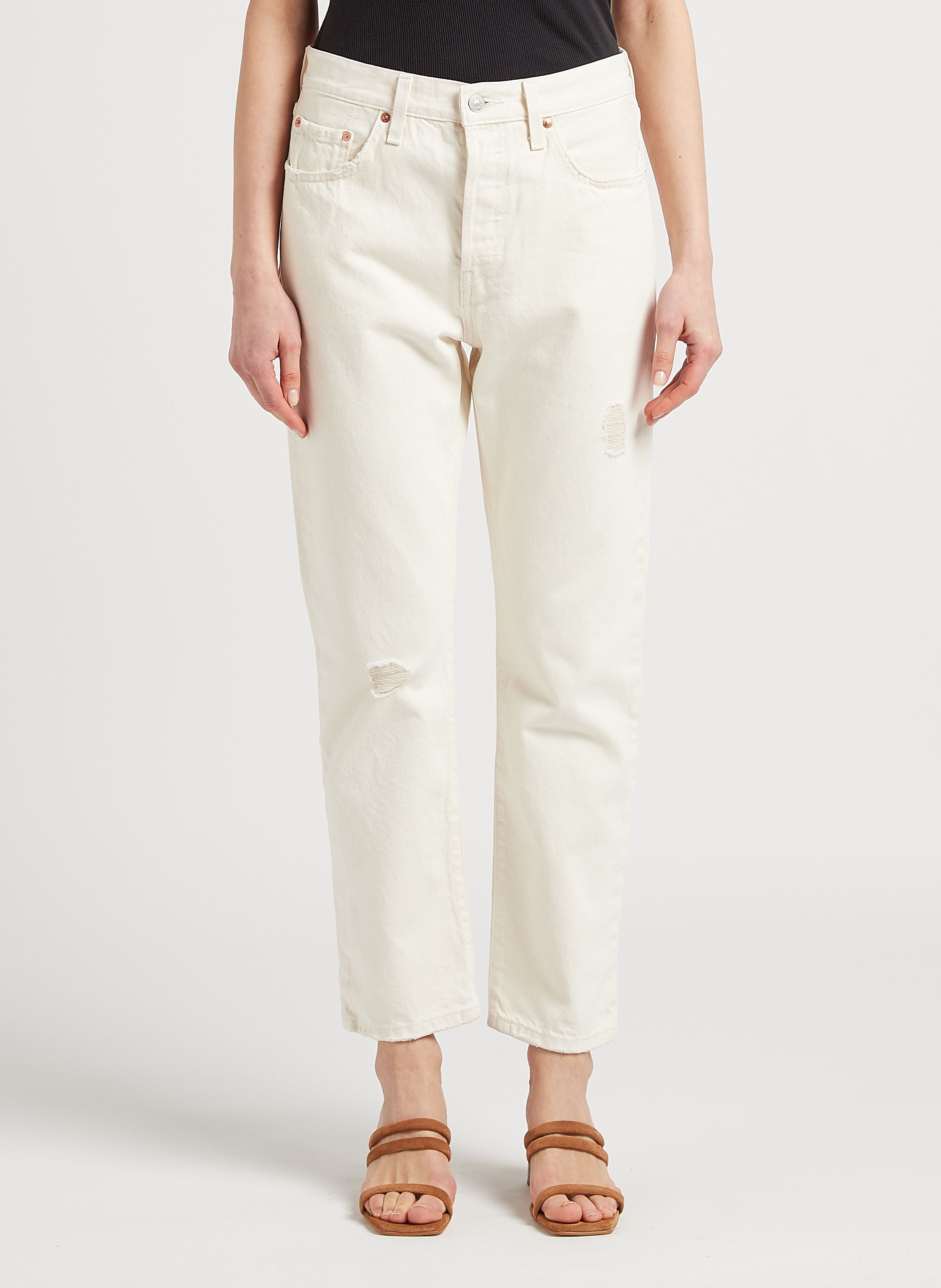 Jean droit taille haute en coton Blanc