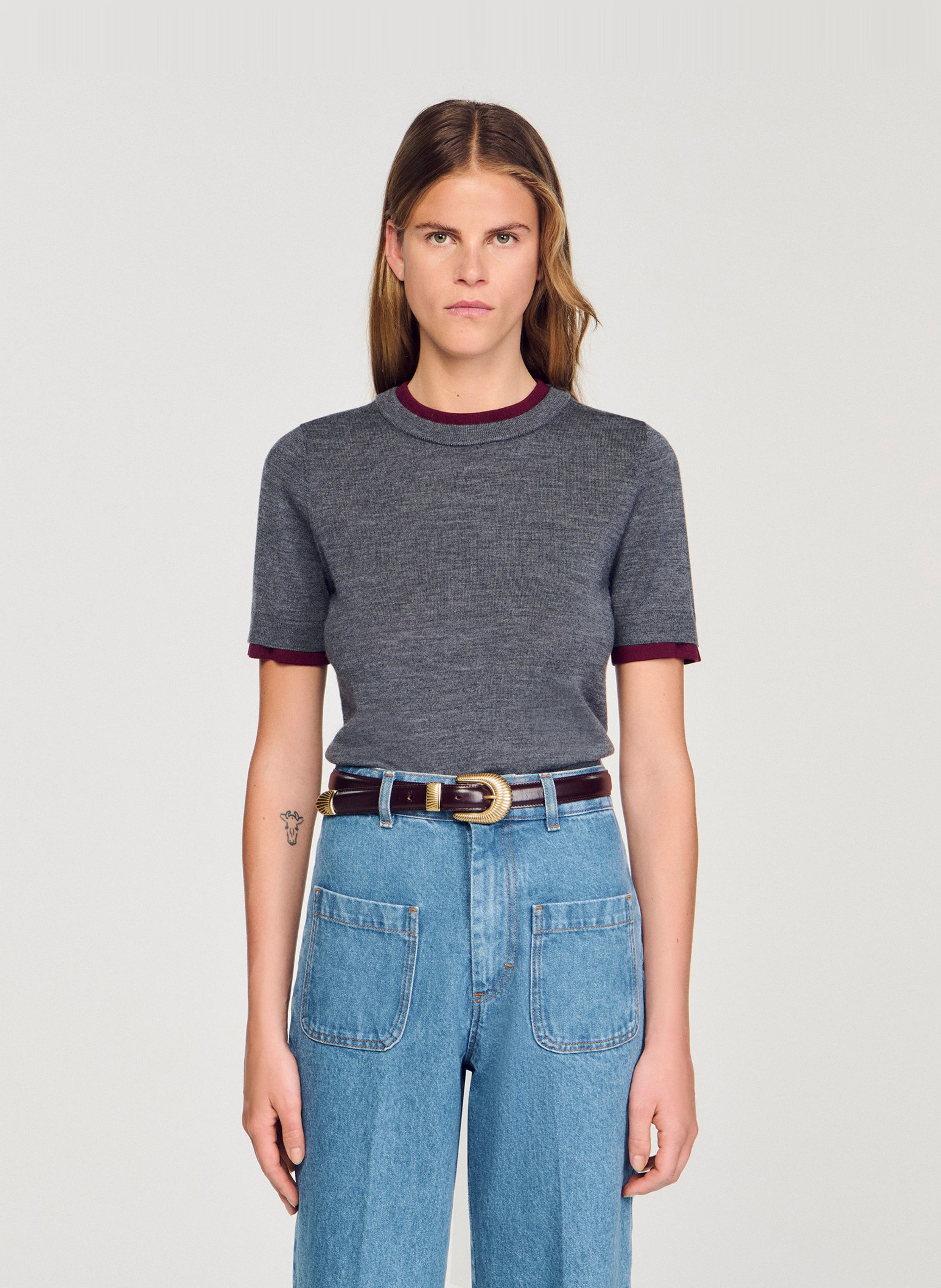 Pull ajusté col rond en laine SANDRO Gris