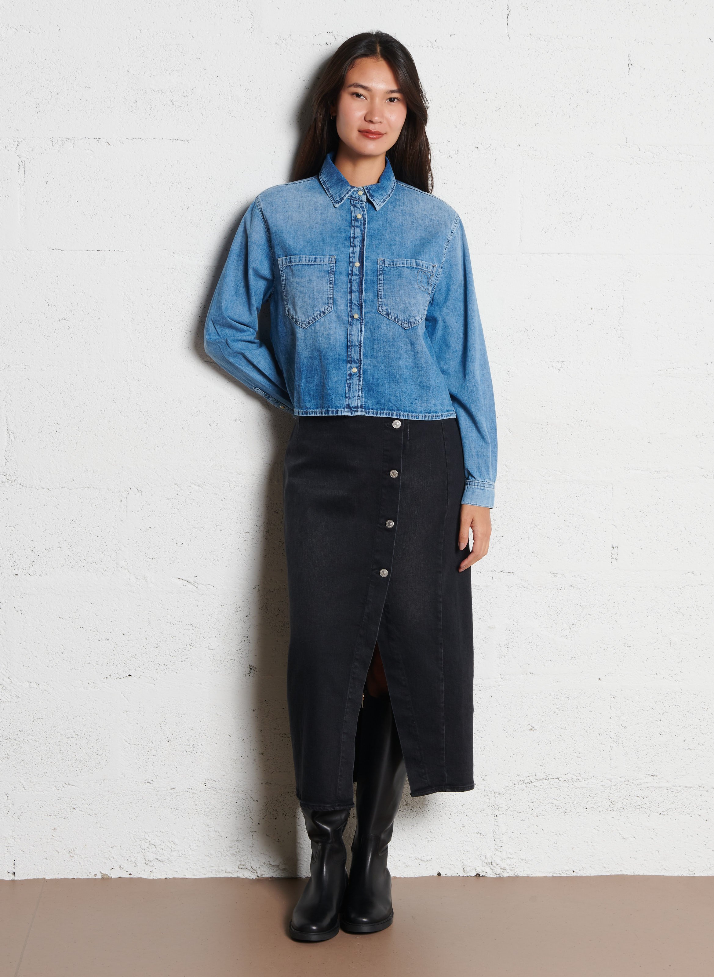 Chemise courte boutonnée en denim LE TEMPS DES CERISES Bleu