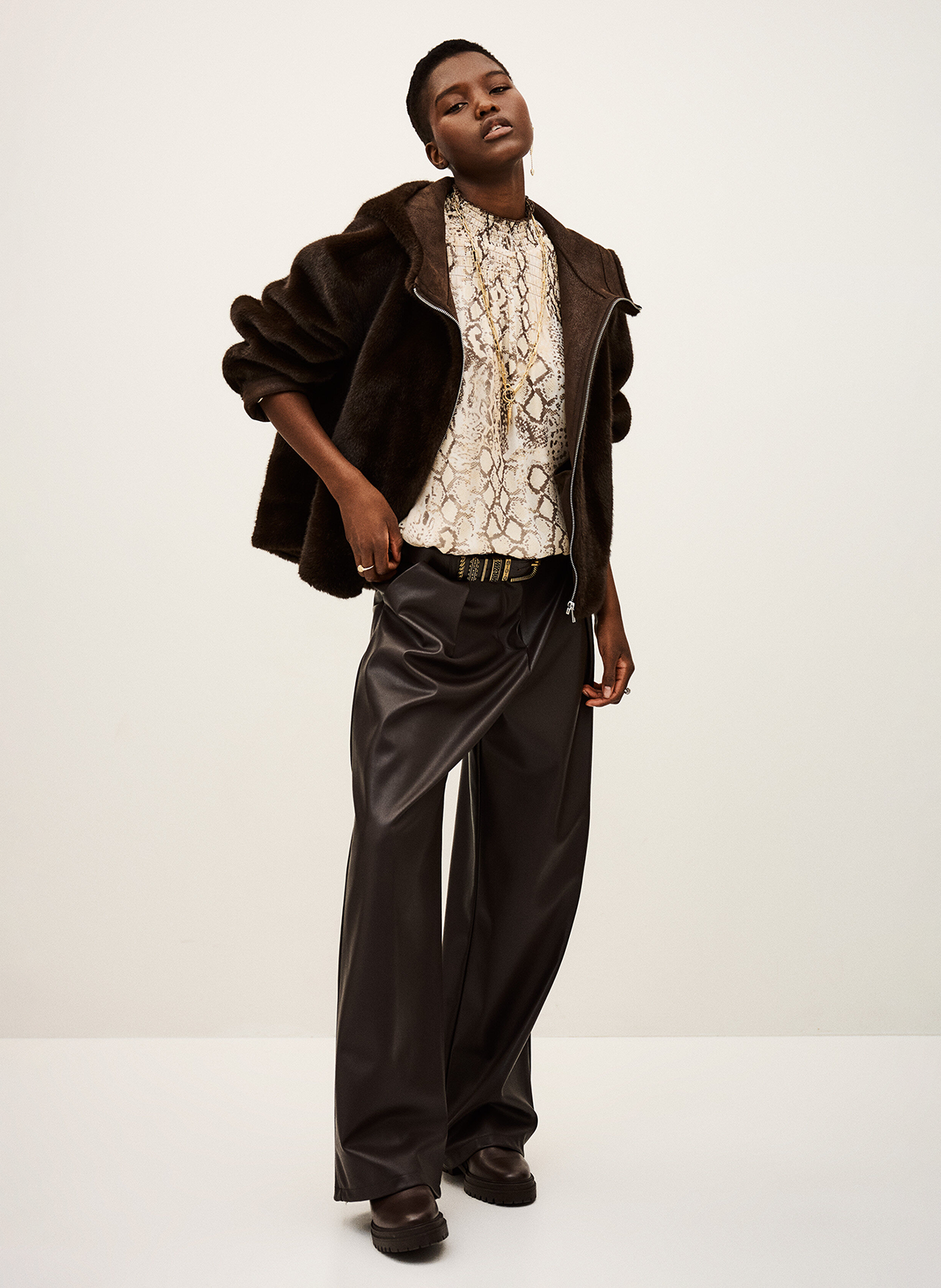 Straight coat with high synthetic fur collar BA&SH Brown