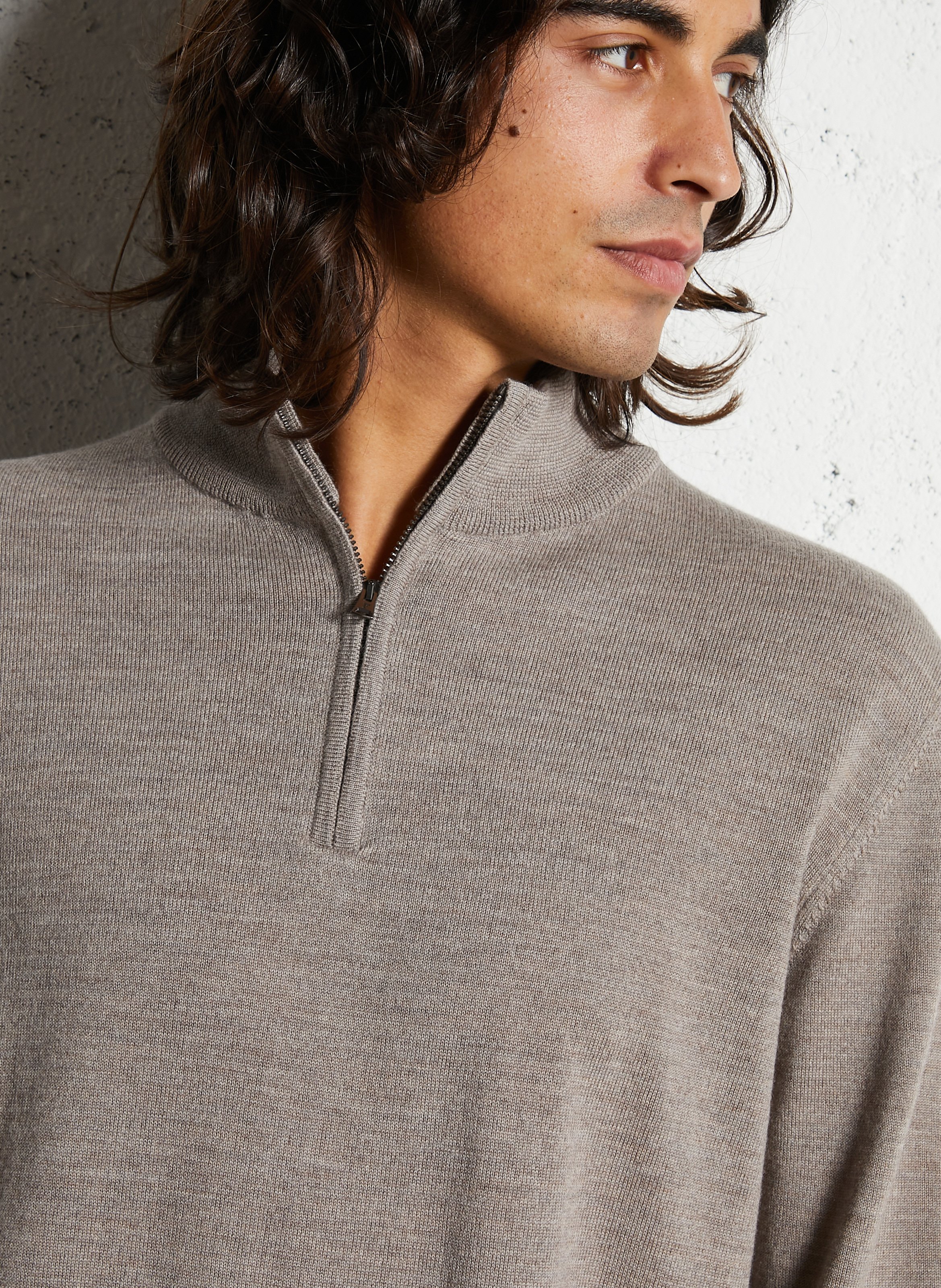 Rechte wollen trui met opstaande kraag en rits FACONNABLE Beige