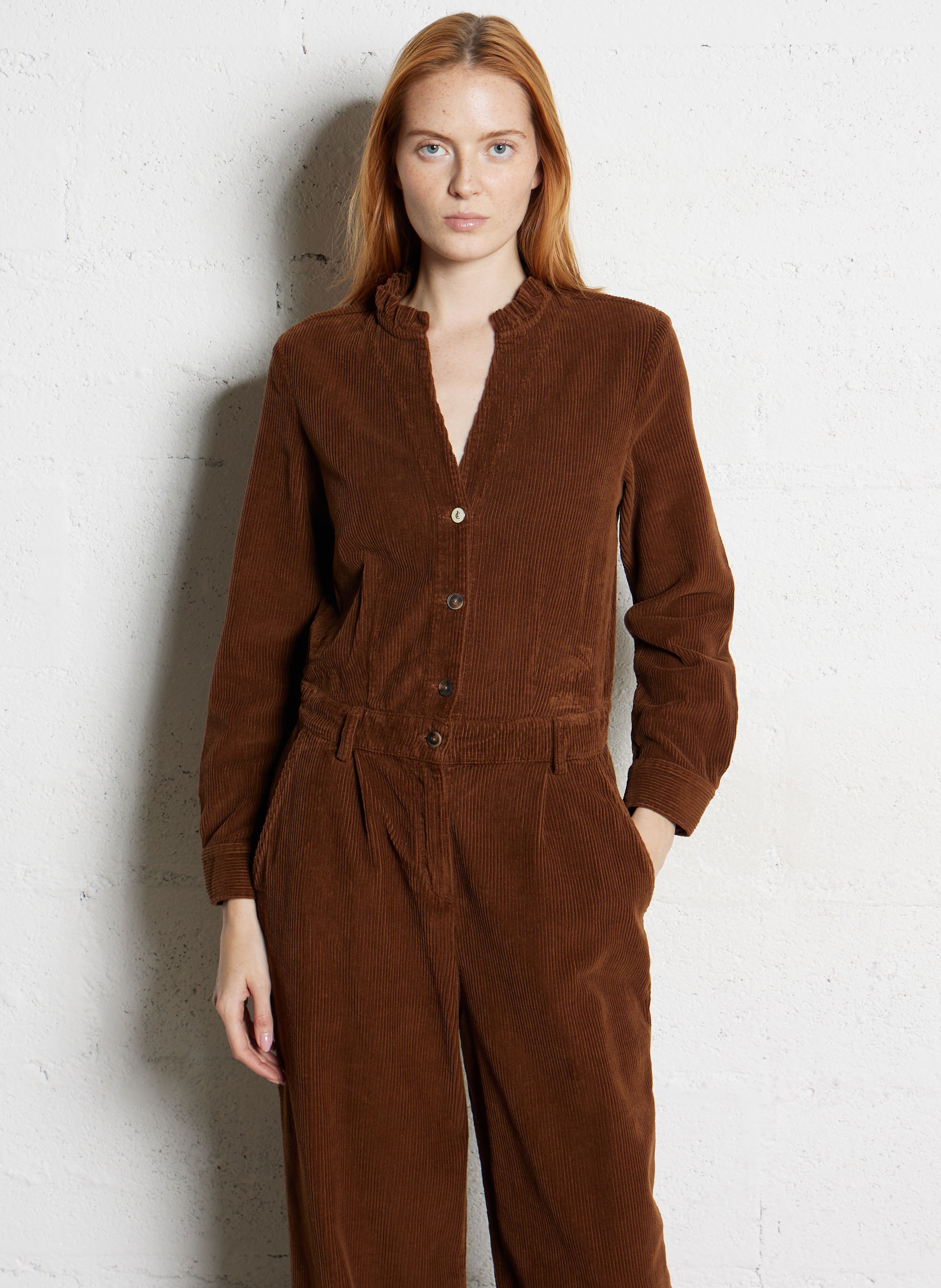 Combinaison col victorien en velours côtelé I CODE Marron
