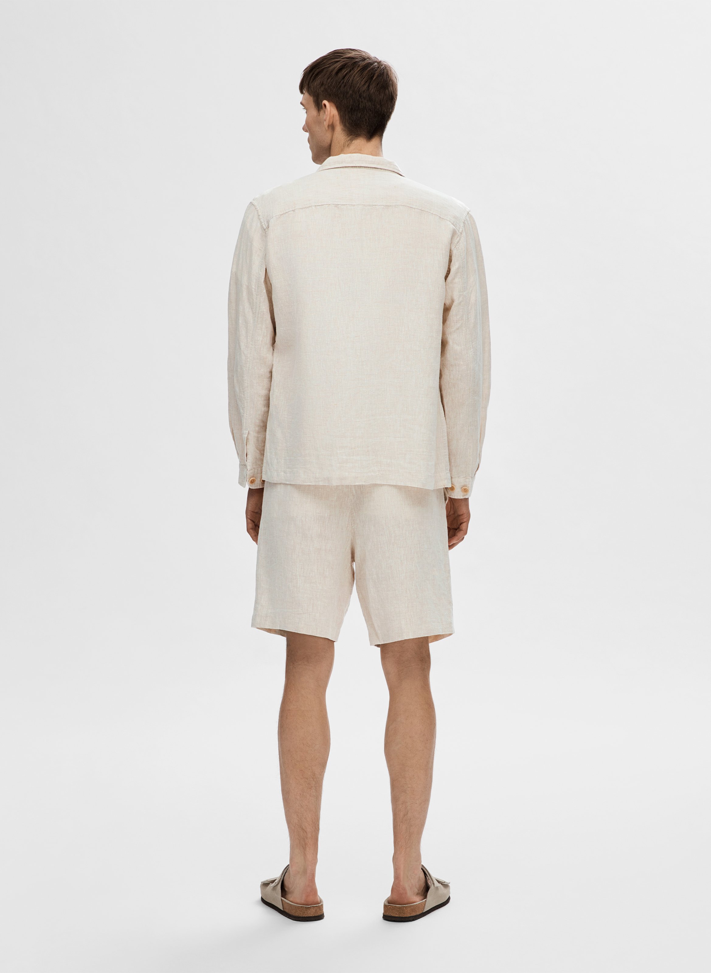 Straight linen-blend shirt with classic collar SELECTED Beige