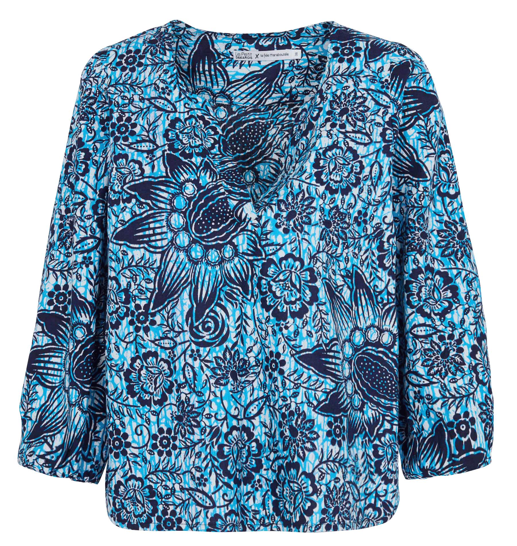 Blouse col tunisien en coton LA FEE MARABOUTEE Bleu