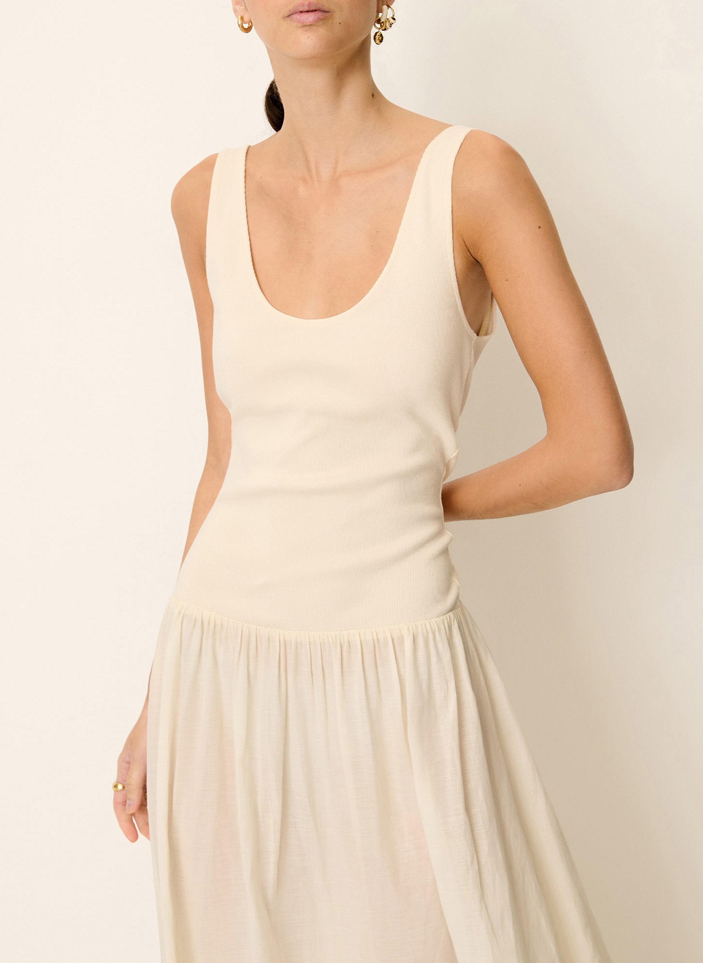 Lange jurk met gerende rok - katoenblend SESSUN Beige