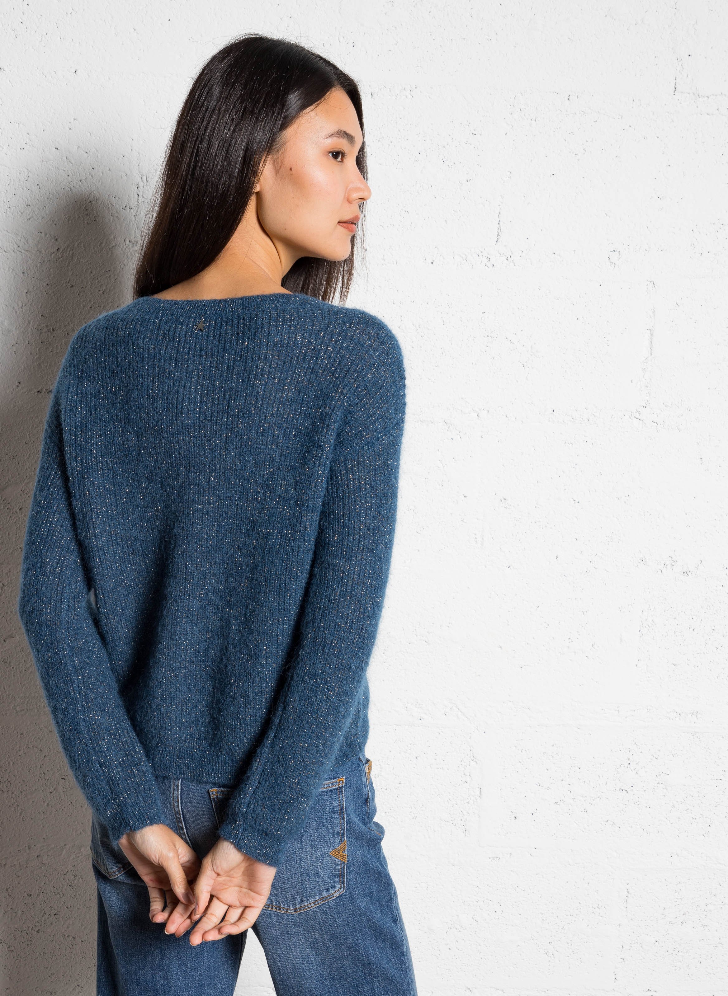 Pull ample col rond en maille métallisée  SUD EXPRESS Bleu