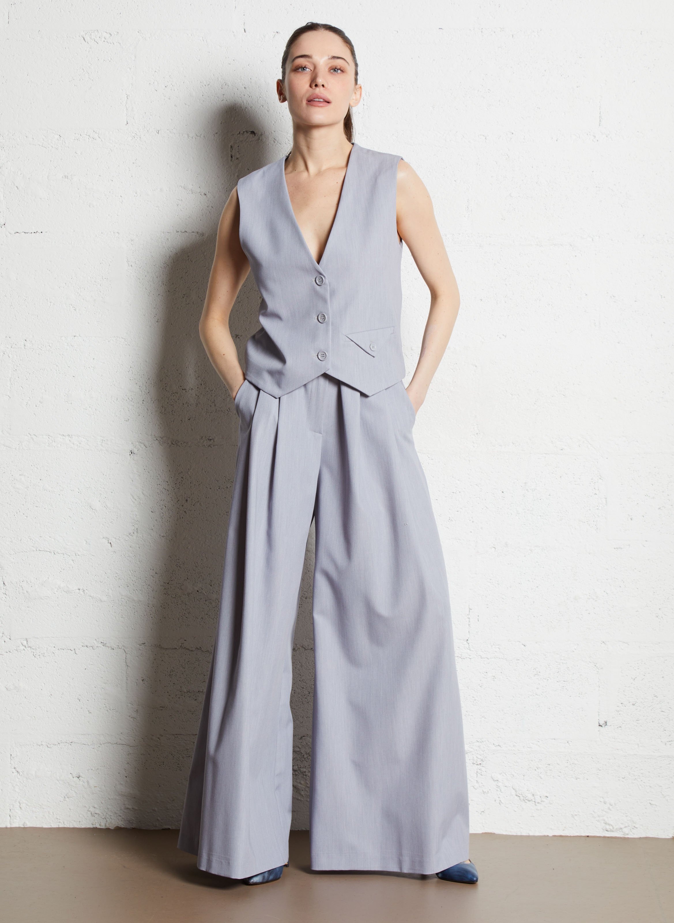 Wide-leg high-waisted pleated pants IMPERIAL Silver