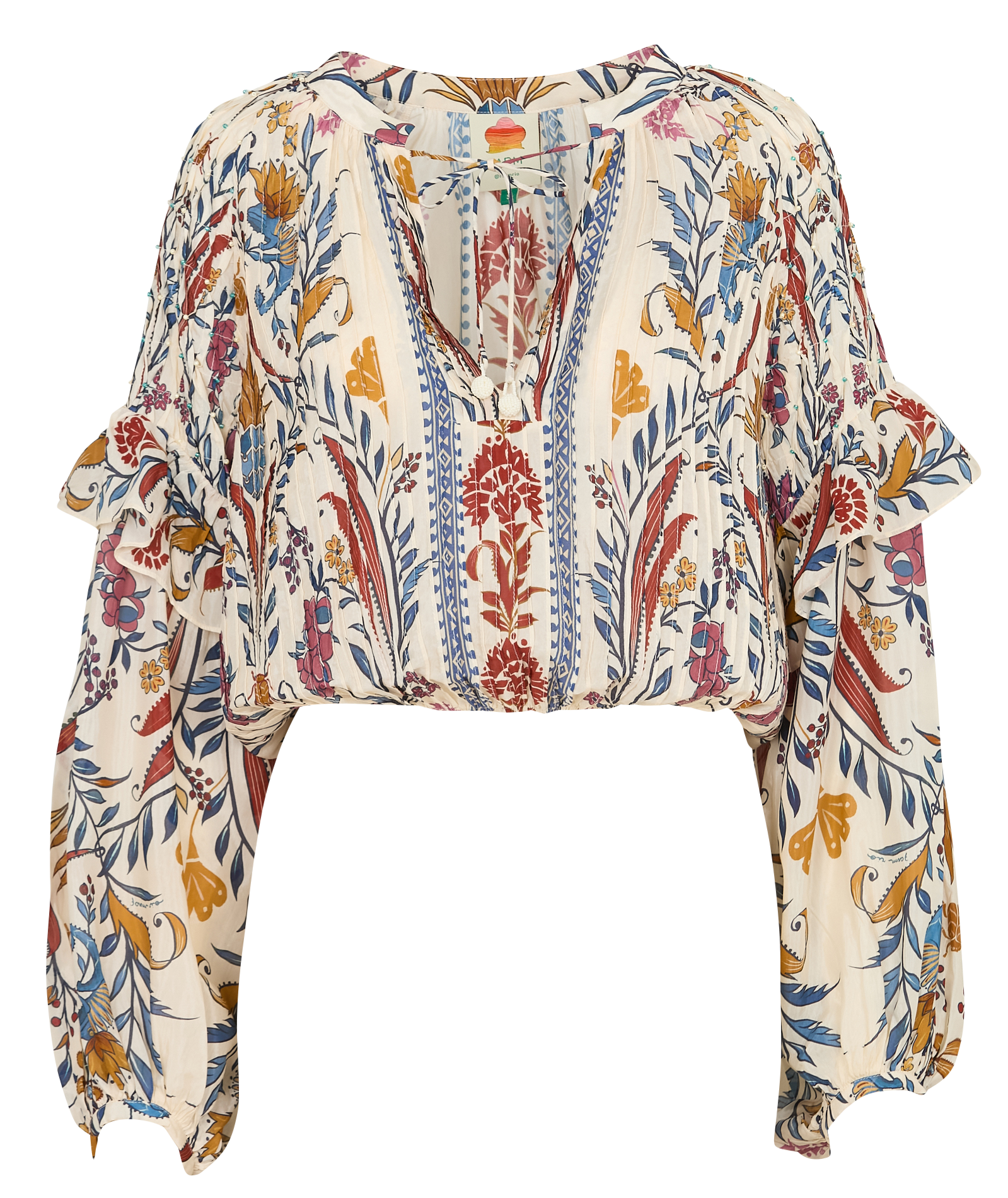 Printed tunic collar blouse in blended cotton FARM RIO Beige