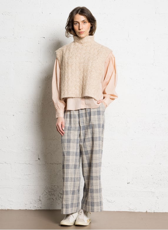 Wide checked pants in cotton and linen blend - Look 4