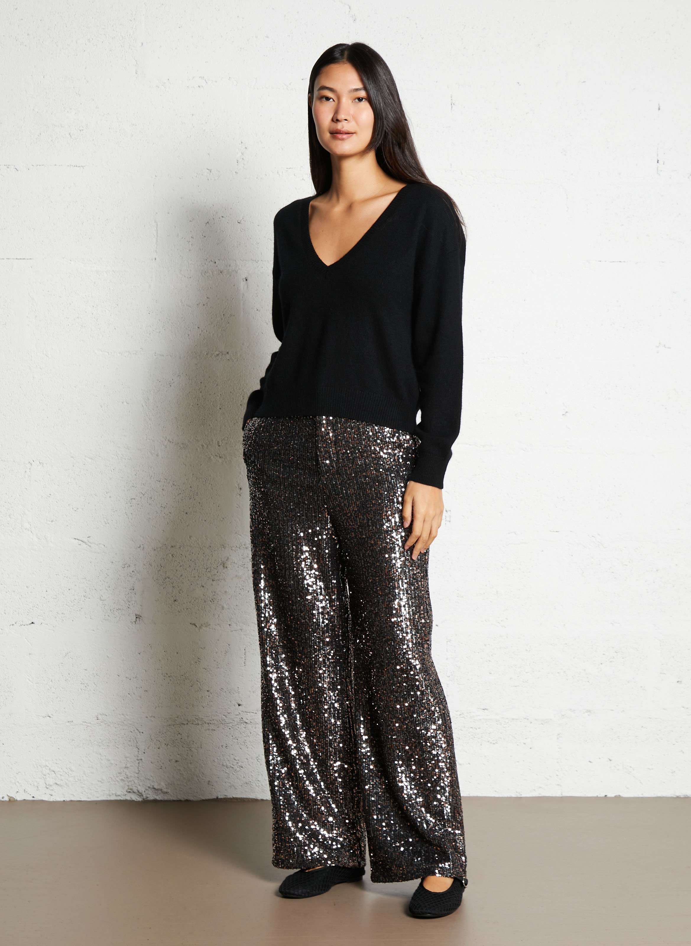 Pantalon droit taille haute à sequins SEE U SOON Noir
