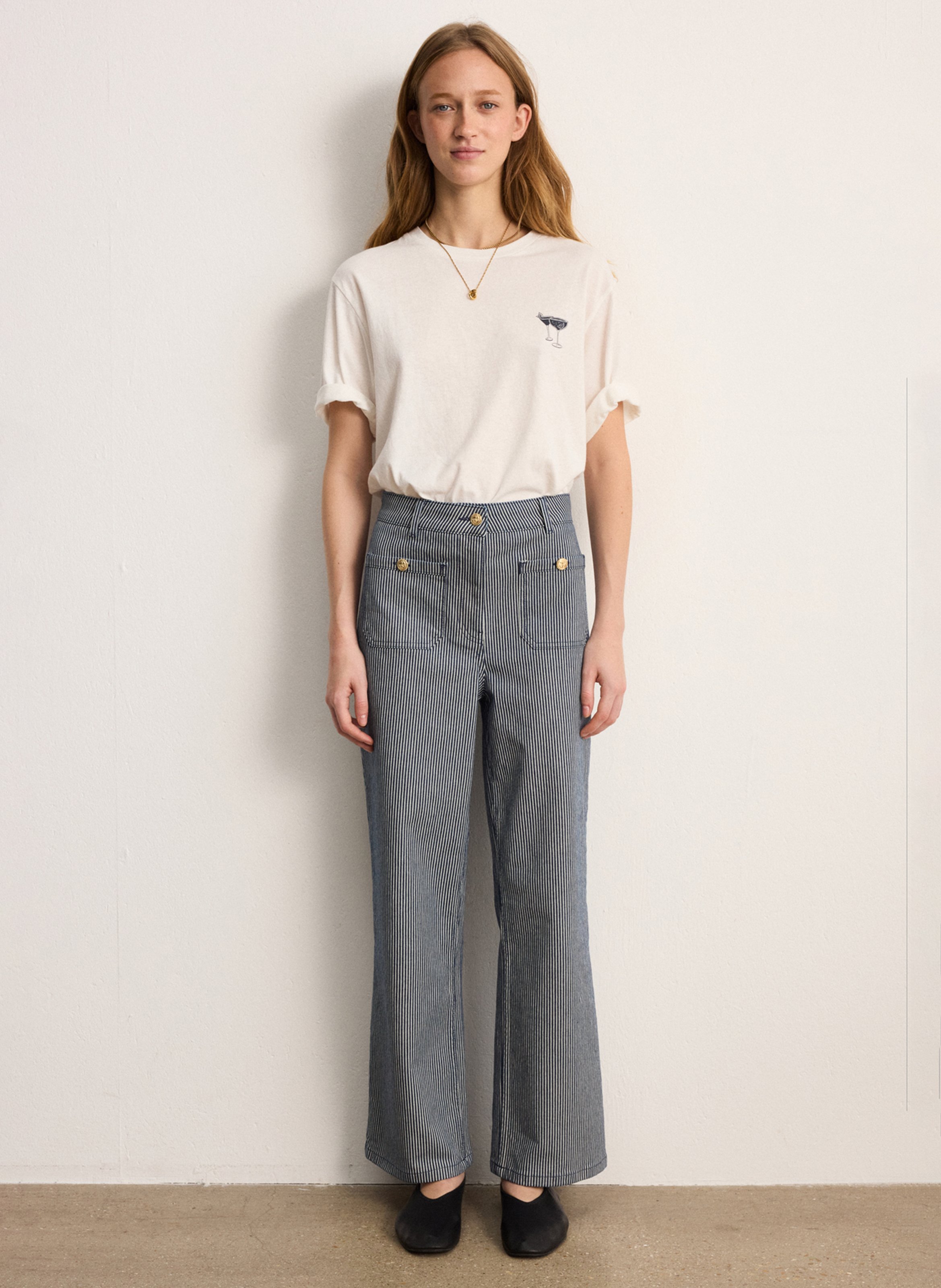 Jean évasé taille haute en coton mélangé PABLO Bleu