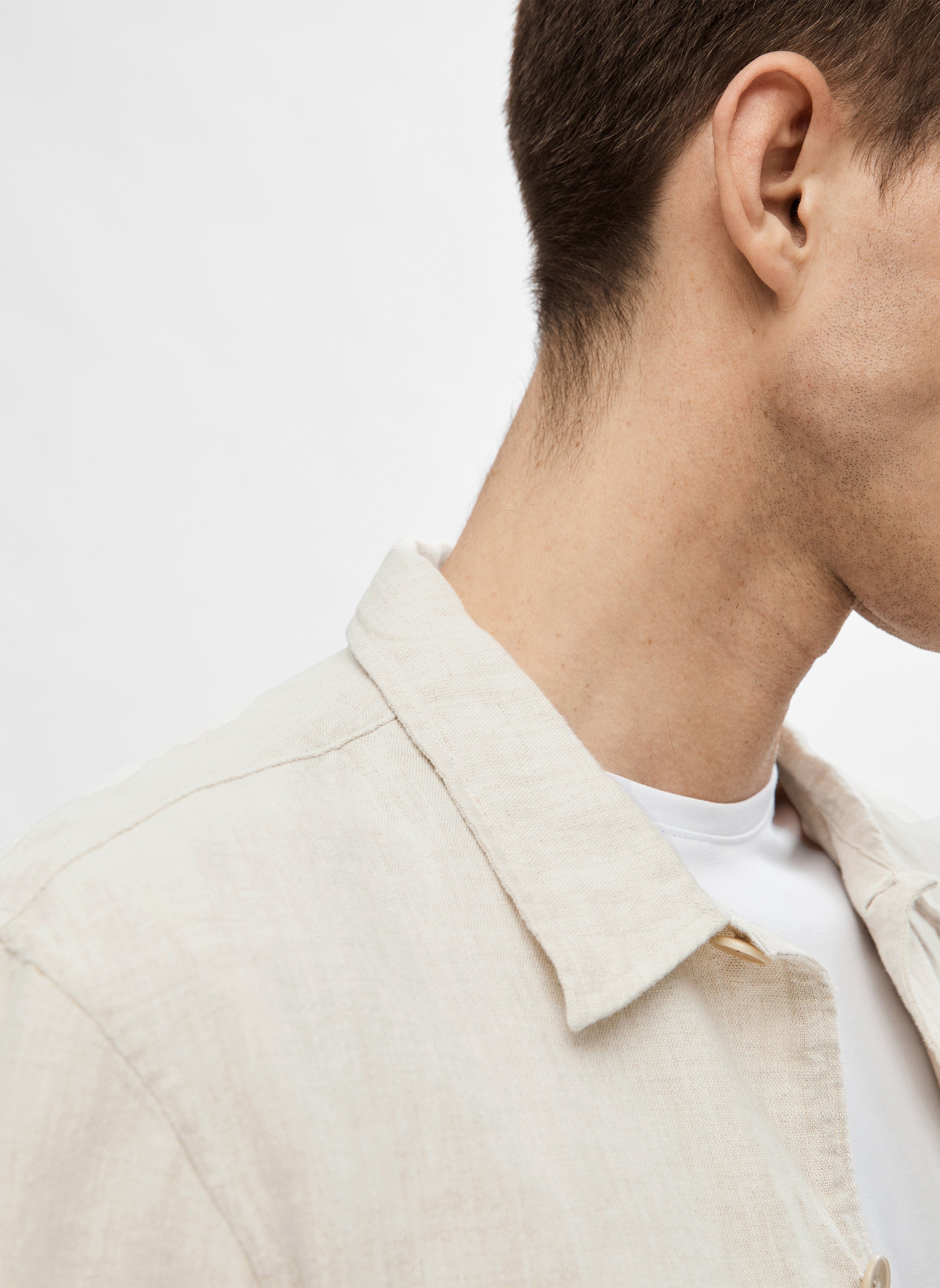 Straight linen-blend shirt with classic collar SELECTED Beige