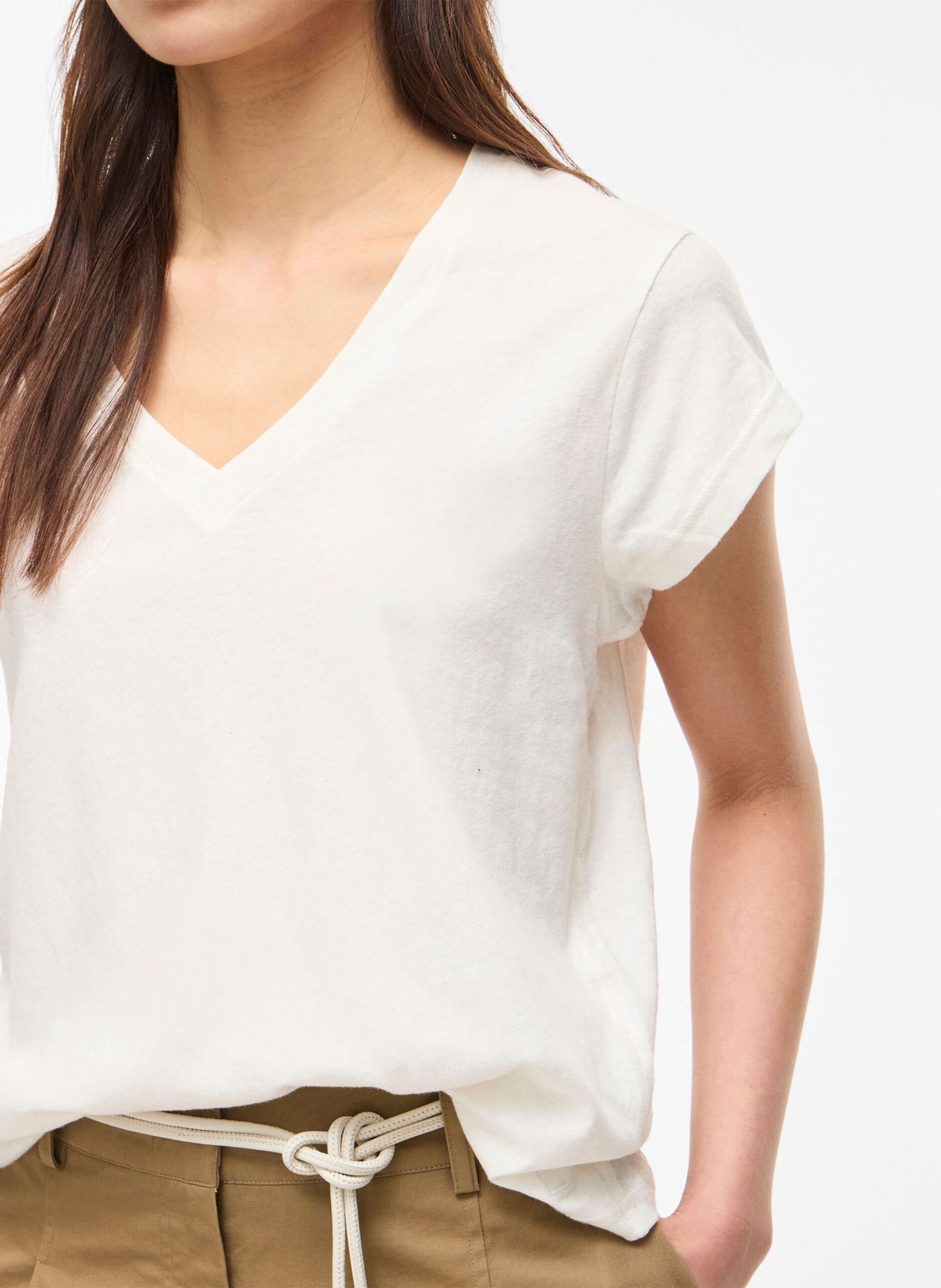 Tee-shirt droit col V en coton et lin ROUGE EDIT Beige