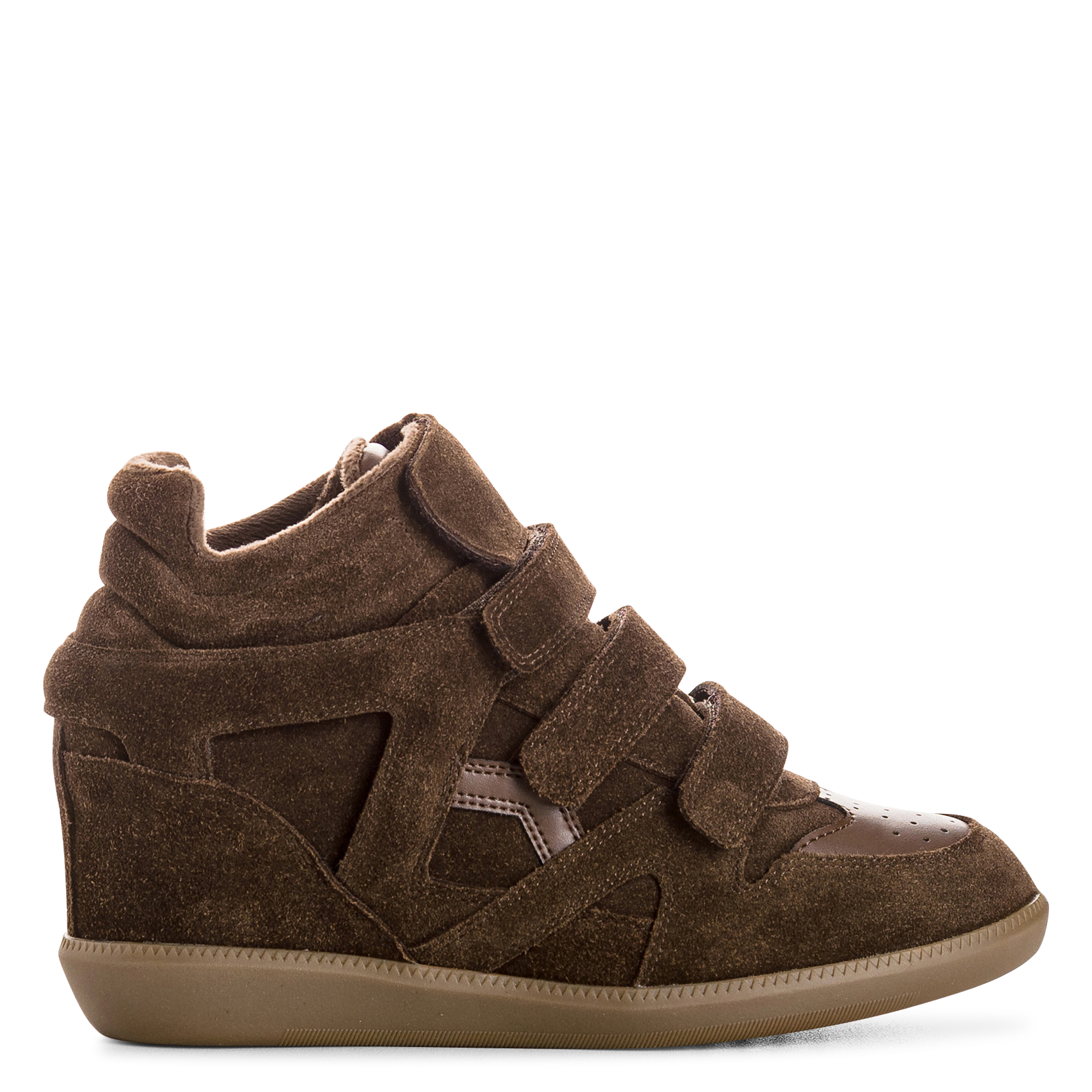 Leather wedge trainers with hook-and-loop straps REQINS Brown