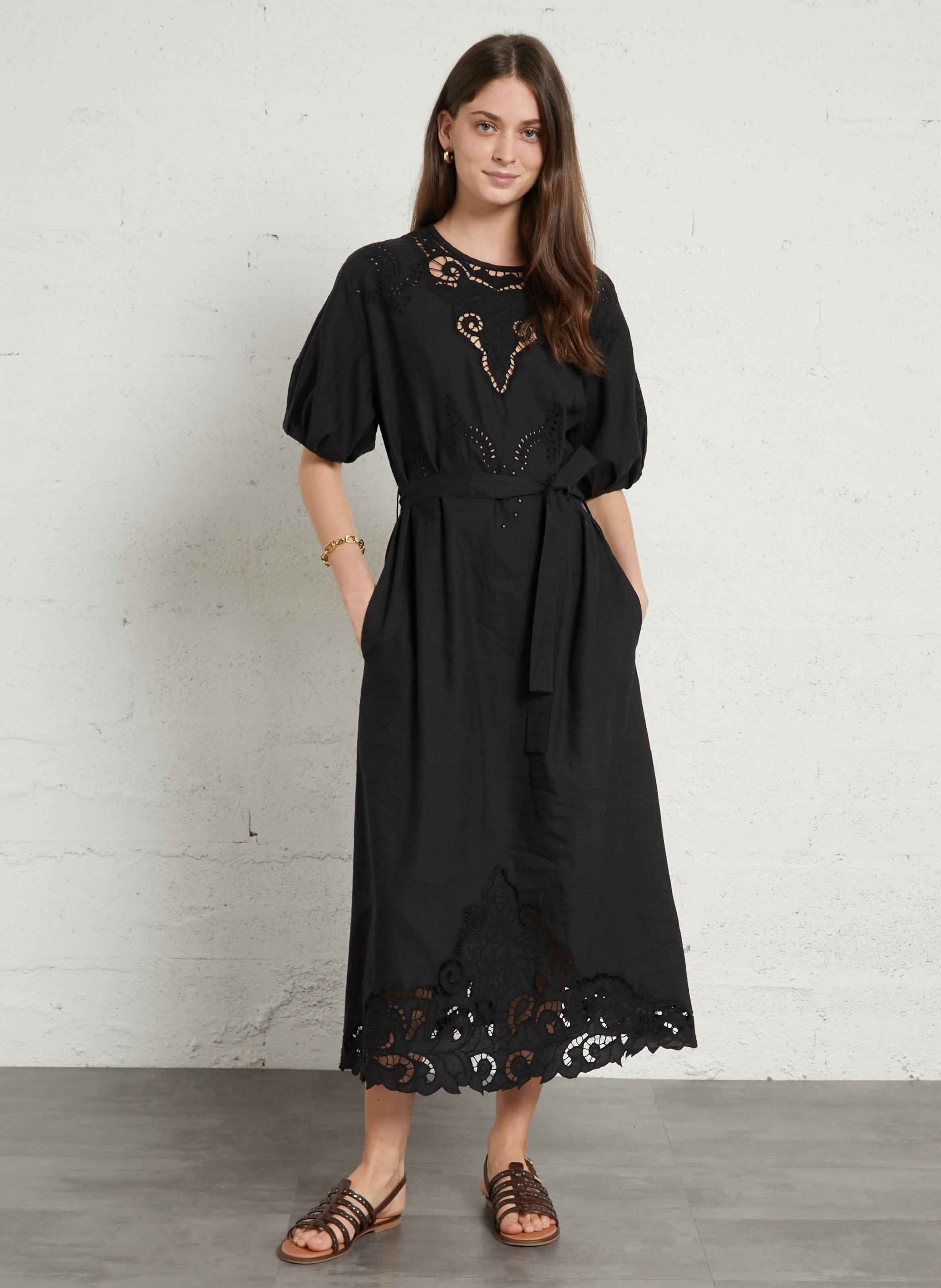 Midi cotton dress with round neck SUD EXPRESS Black